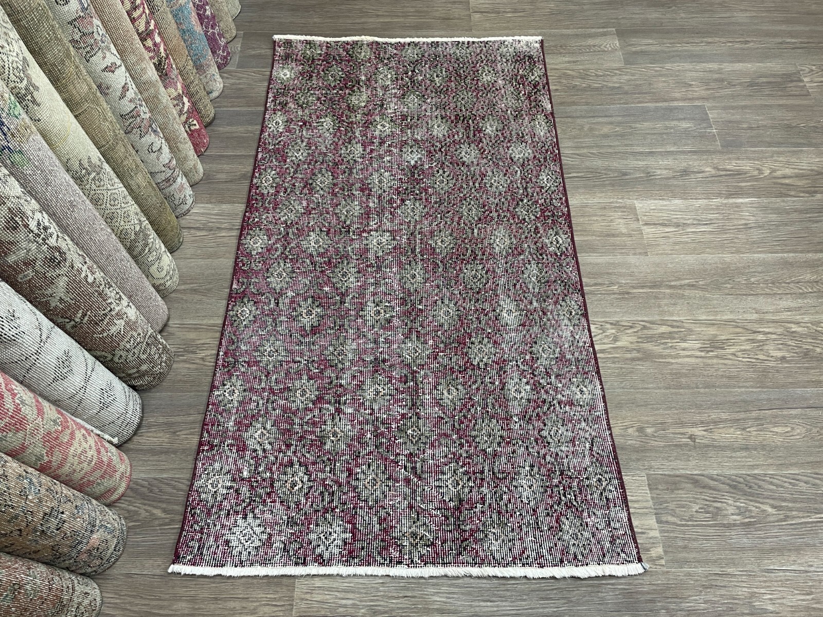 3×6 Purple Green Vintage Wool Turkish Rug, Small Anatolian Runner, Antique Rug