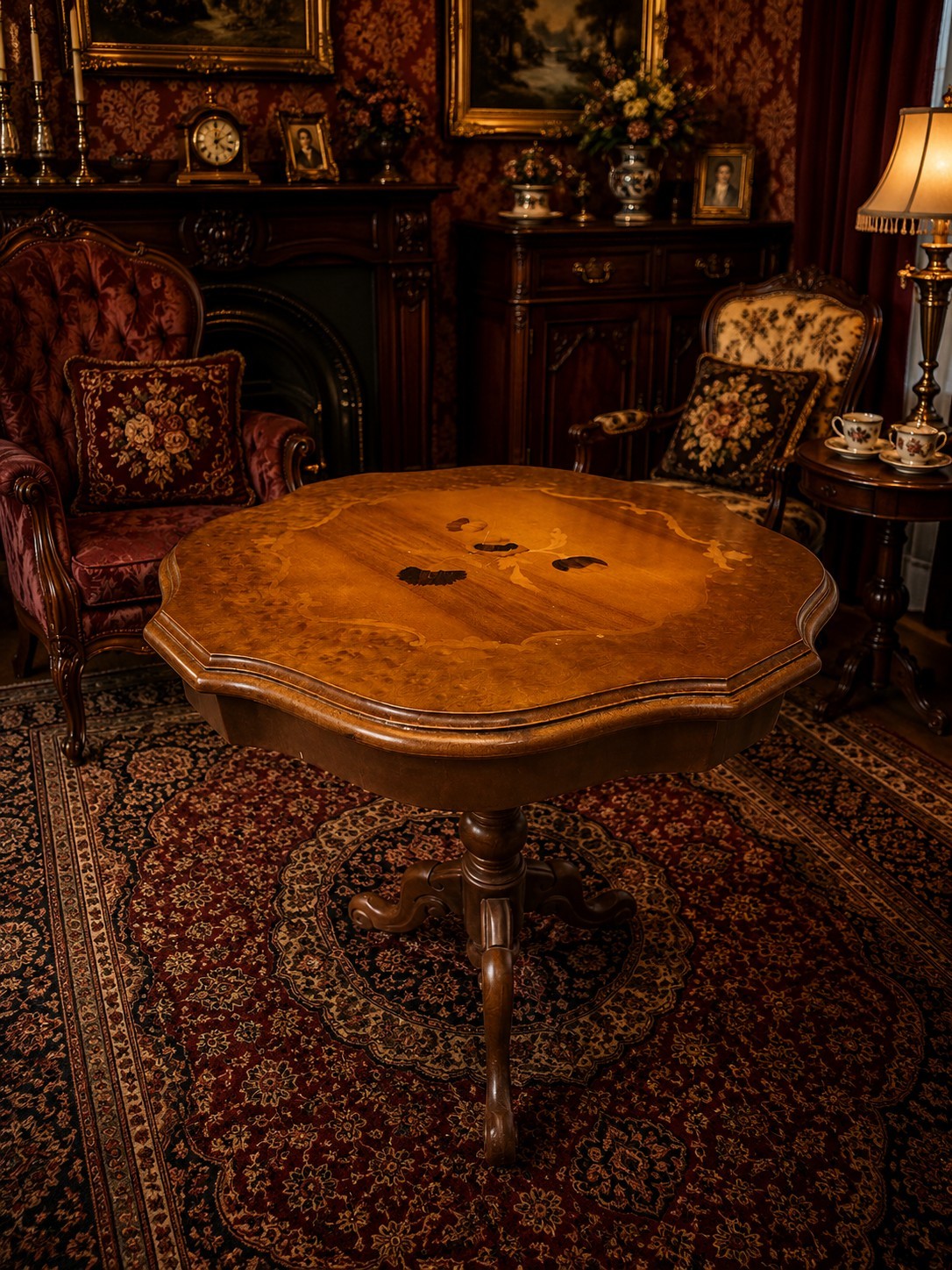 Vintage Marquetry Occasional Table Inlaid Wood Lamp Side Table Pedestal Stand