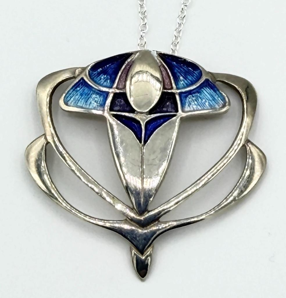 Vintage Pat Cheney Sterling Silver & Blue Enamel Pendant Necklace