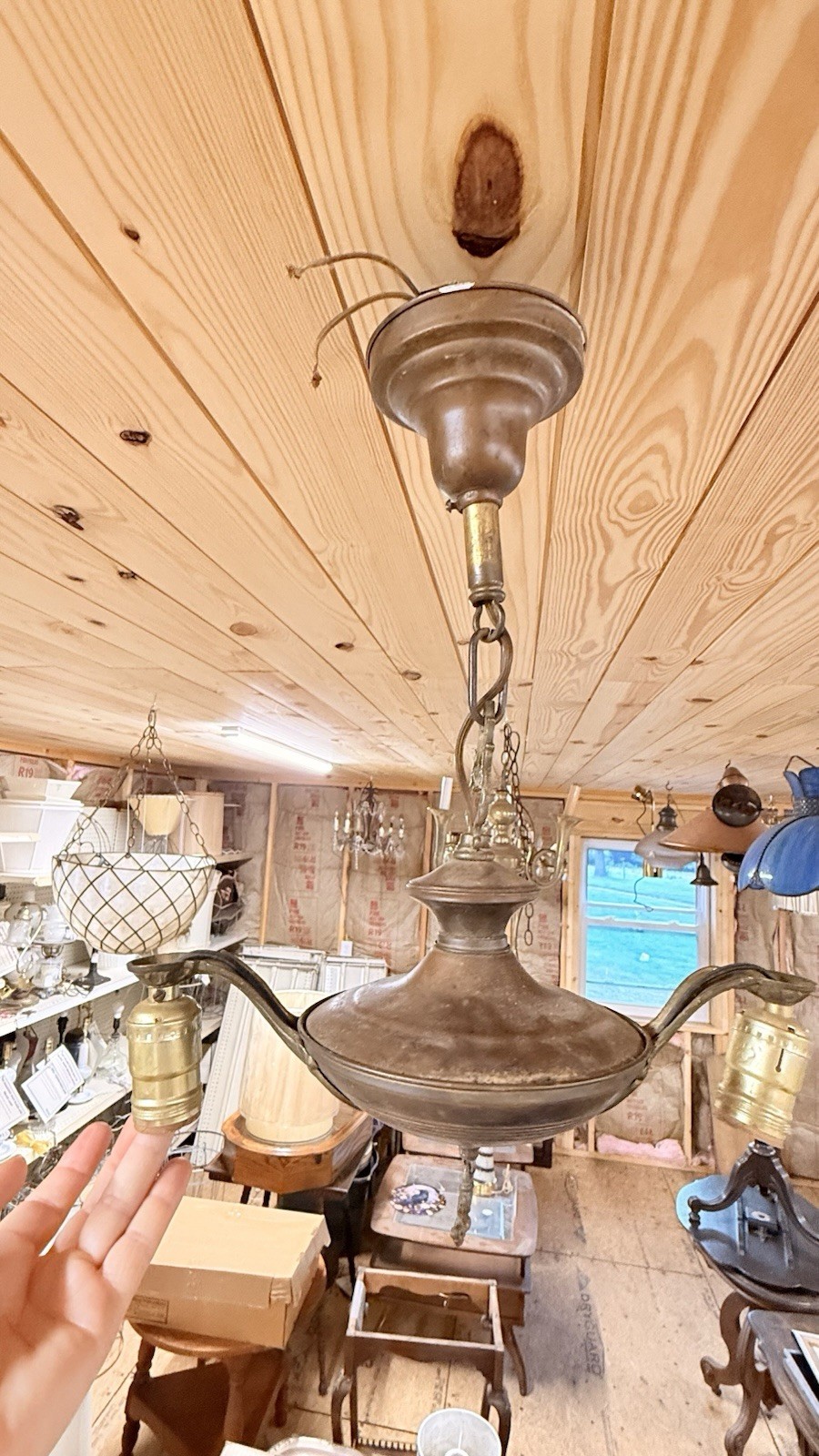 Vintage 1920s 1930s 2 Bulb Art Deco Polychrome Chandelier Ceiling Light Fixture