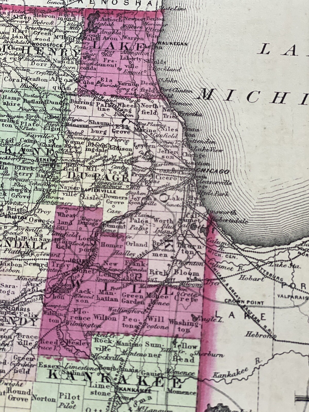 Rare 1867 ILLINOIS Map w/ Colored Counties ~ 24.25″ x 17.75″ ~ A.J. Johnson Map