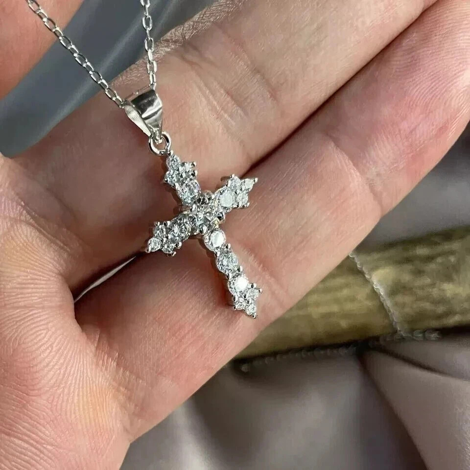 2.00Ct Round Lab-Created Diamond Cross Pendant 14K White Gold Finish Free Chain