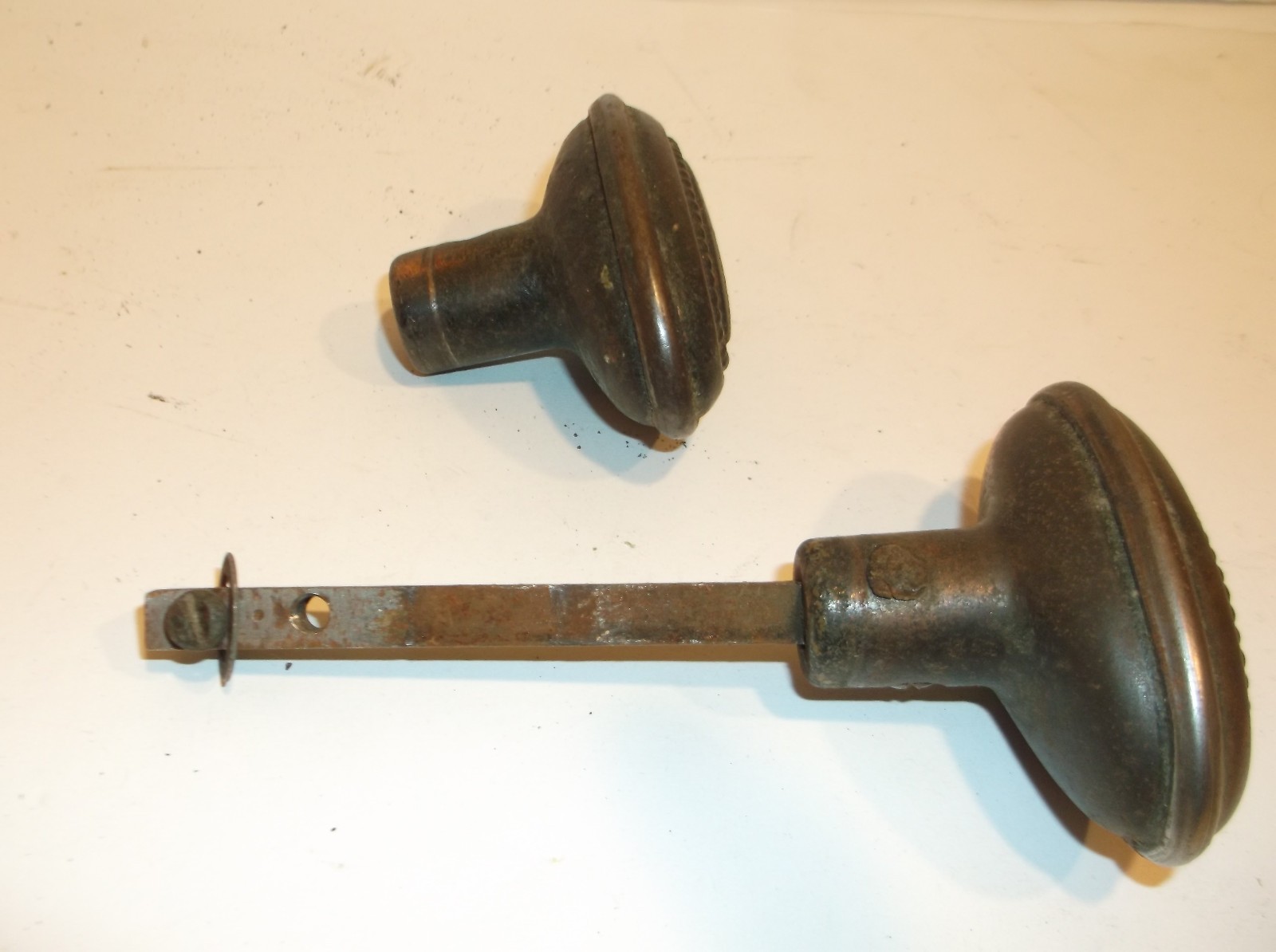 Antique Brass or Bronze Door knobs 1 Mortise lock 2-Oval Bead 1-Round – Lot of 3