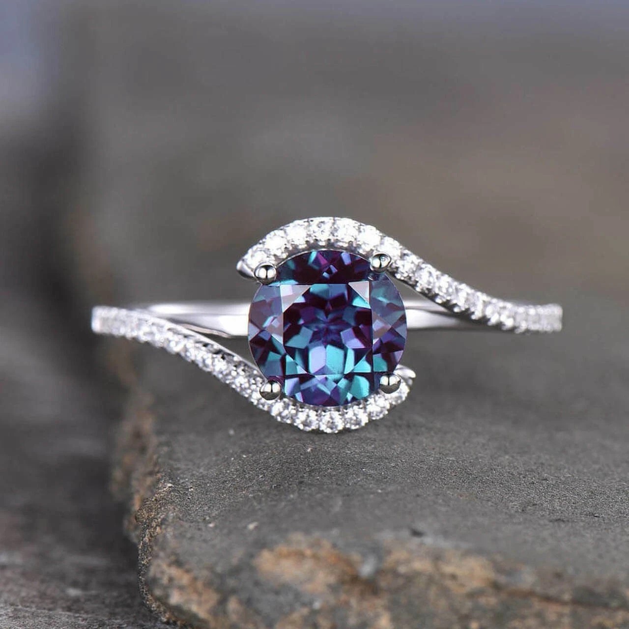 2.30Ct Round Cut Alexandrite Halo Engagement Wedding Ring 14K White Gold Finish