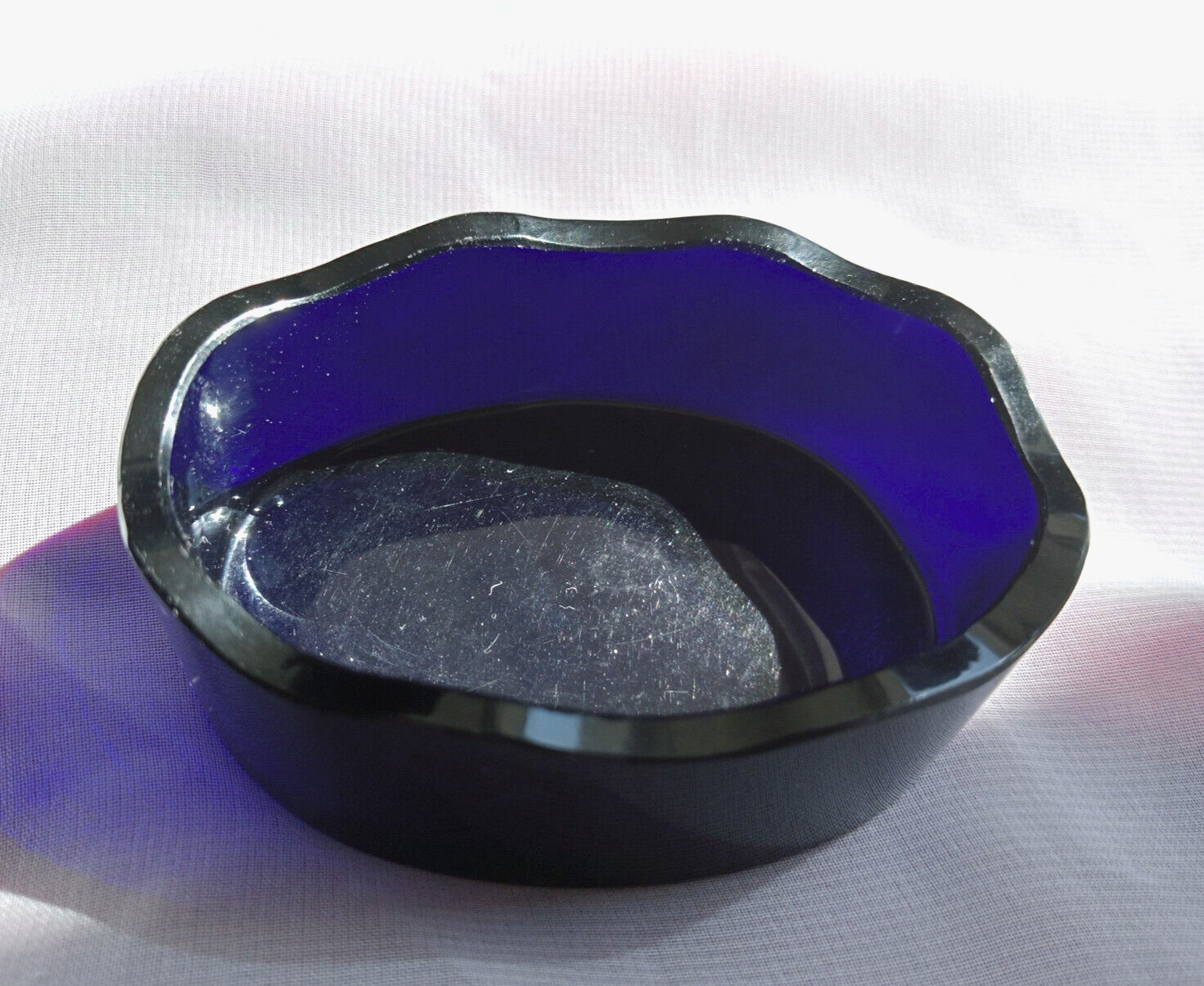 Antique Cobalt Blue Glass Liner Insert Polished Pontil Scalloped Rim