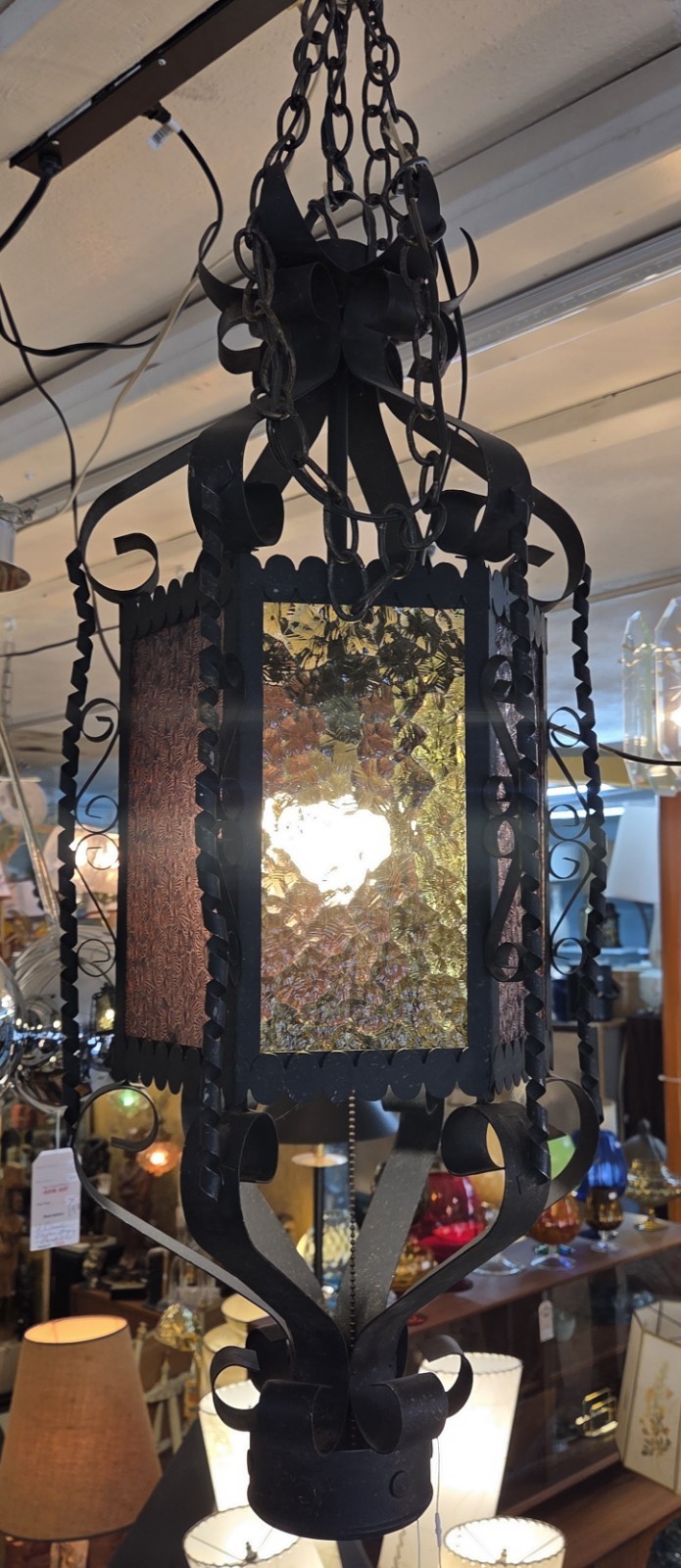 vintage gothic wrought iron and Stained glass paneling hanging lantern