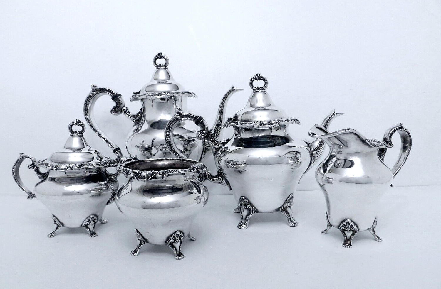 1950 GORHAM ANCHOR STRASBOURG COURT MIDCENTURY ROCOCO SHELL COFFEE TEA SET 5PC