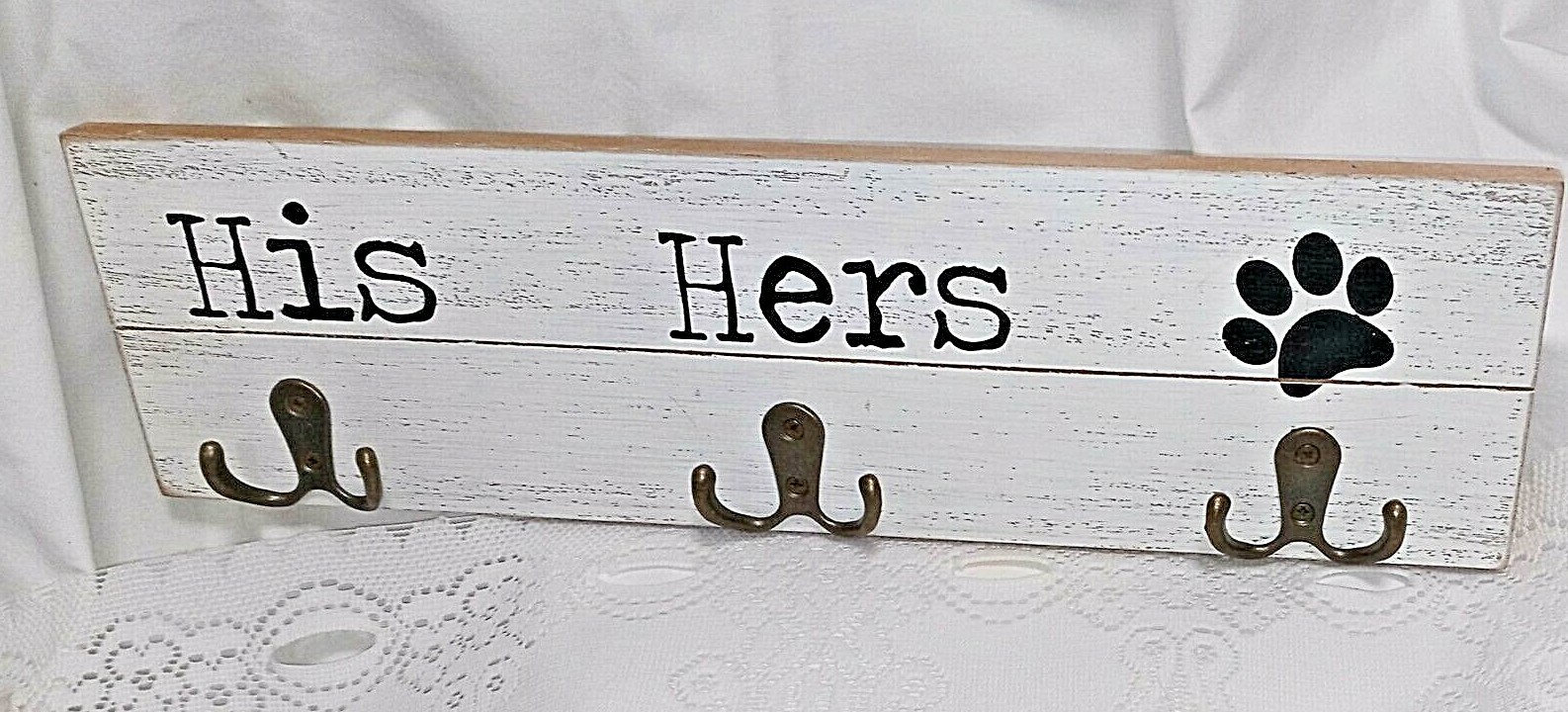 His Hers Pets (Paw) Wooden Wall Hanger-3 Metal Hooks-Keys, Hats Leash-Wall Decor