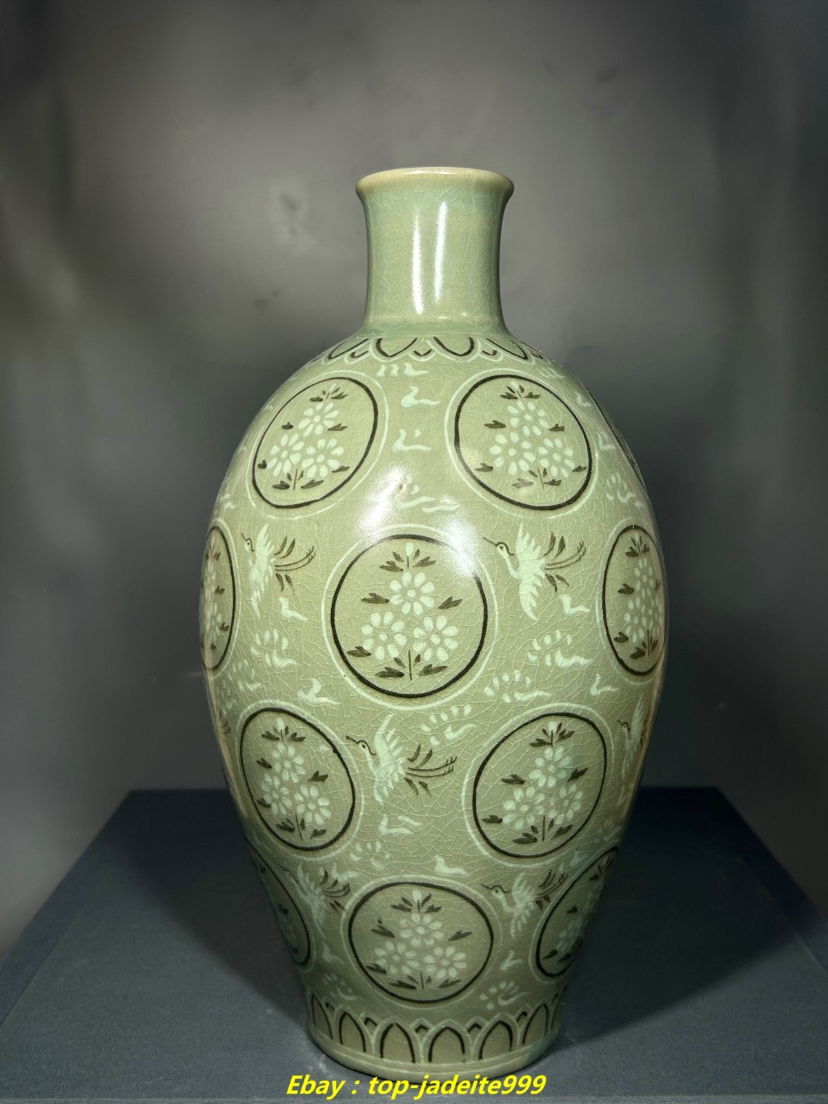 12.2″Old Dynasty Korea Koryo Porcelain Crane Birds Animal Flower Bottle Vase