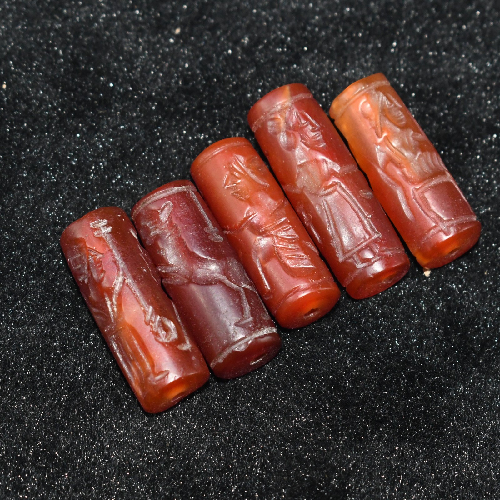 5 Antique Old Near Eastern Carnelian Stone Intaglio Seal Barrel Beads