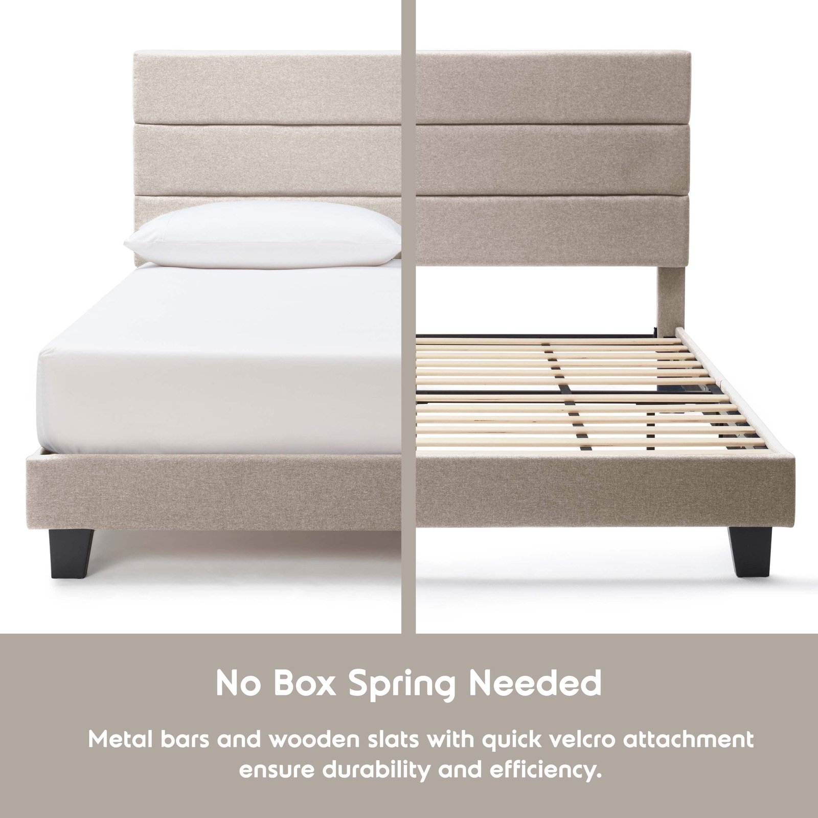 Horizontal Channel Upholstered Platform Bed with Adjustable Height Headboard