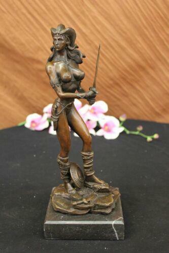 FEMALE KNIGHT WARRIOR BRONZE STATUE MARBLE SIGNED SCULPTURE FIGURINE ART DECO