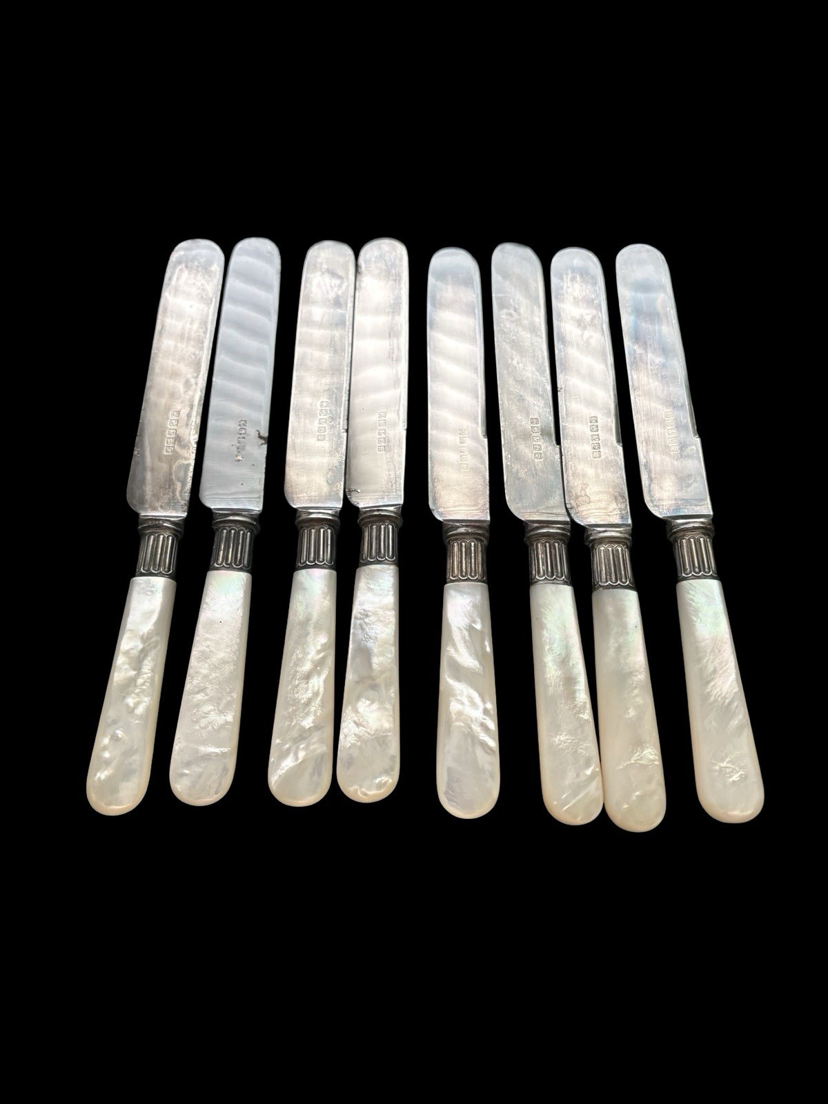 HARRISON BROS & HOWSON SHEFFIELD ENGLAND STERLING BANDS MOP DESSERT KNIVES SET 8