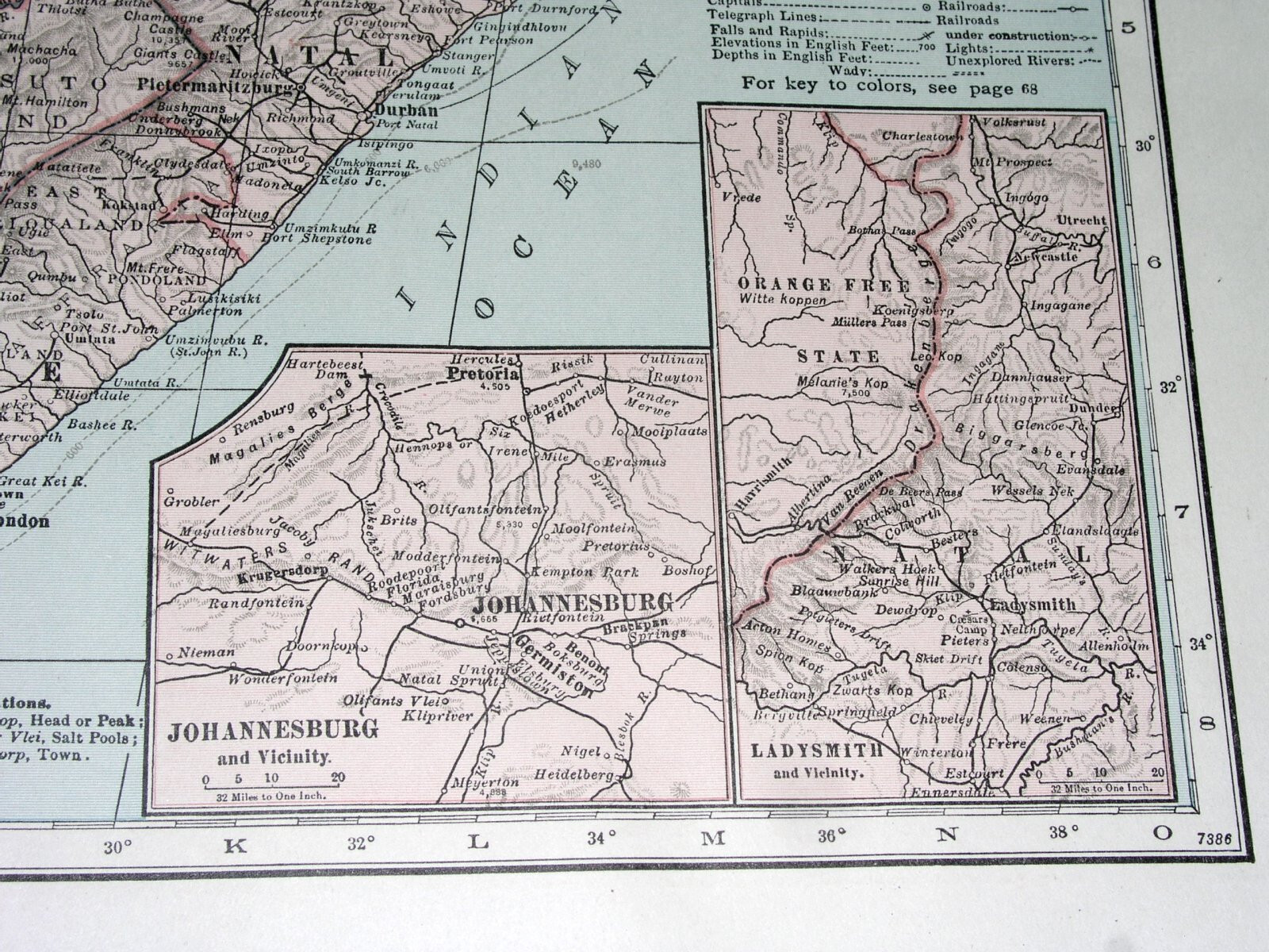 1936 VINTAGE MAP OF SOUTH AFRICA NAMIBIA BOTSWANA / CAPE TOWN JOHANNESBURG