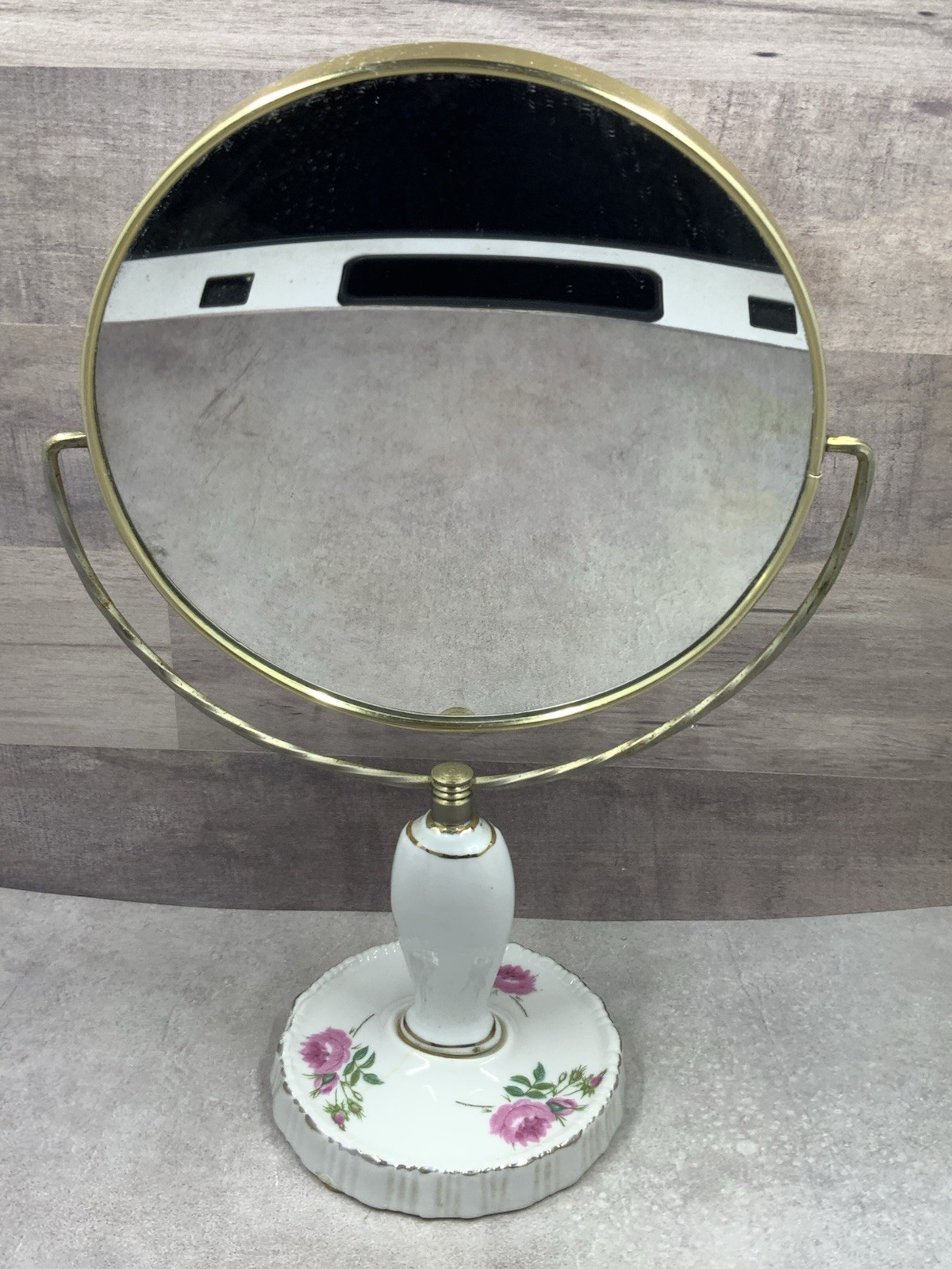 Vintage Ceramic Free Standing Mirror with Pink Flowers Dresser Mirror 10” Tall