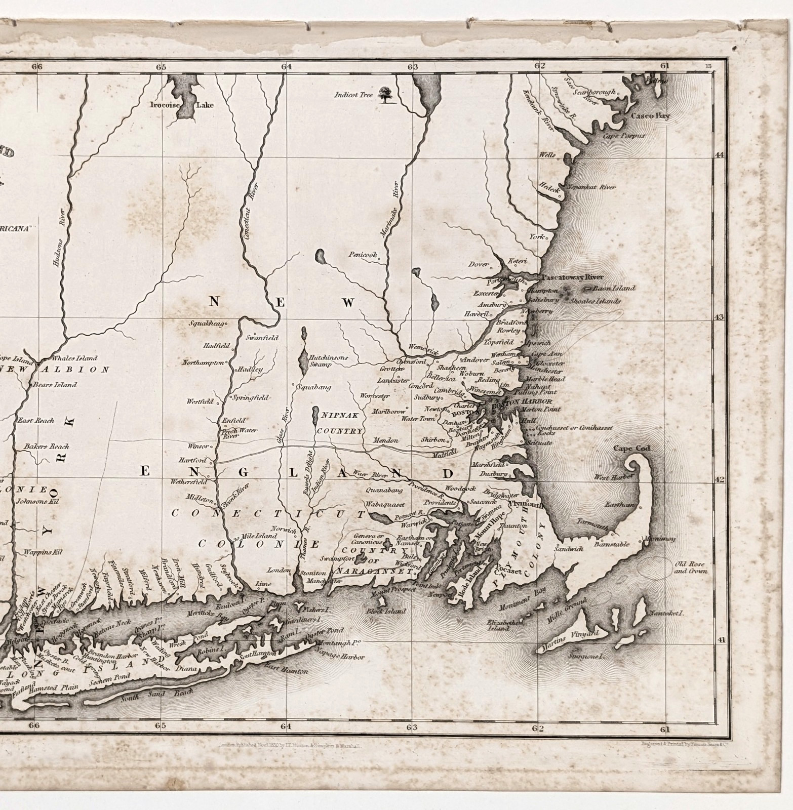 1830 LONG ISLAND ~ MASSACHUSETTS ~ RHODE ISLAND ~ CONNECTICUT Map ORIGINAL