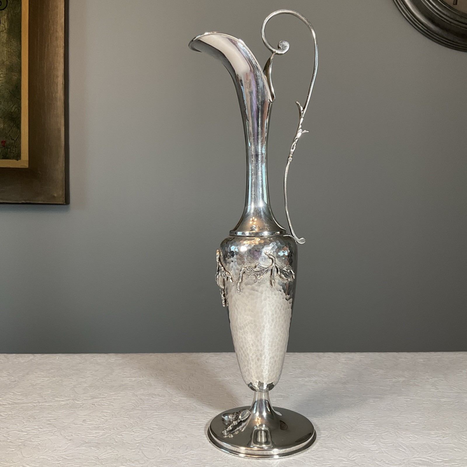 Vintage Sterling Silver Pitcher Art Nouveau Ewer Jug 316g Acorns Leaves 13.25”