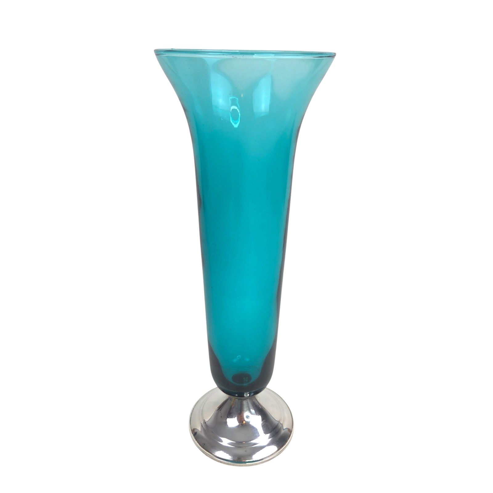 Vintage Mid Century Teal Aqua Glass Vase Weighted Sterling Duchin Creation 11.5″