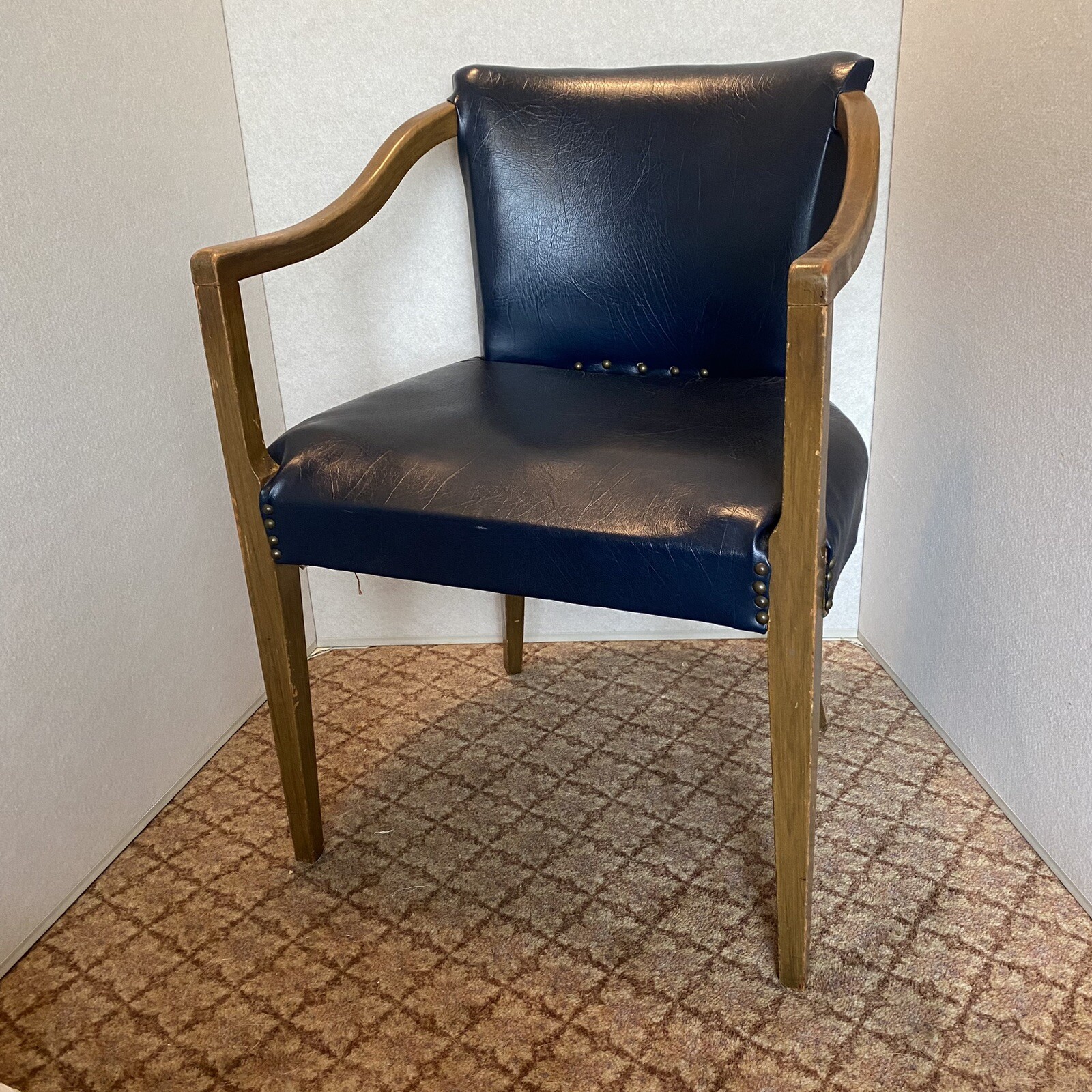 Vintage MCM Office Desk Chair Blue Vinyl Armchair Wood Arms Guest Cigar Chair