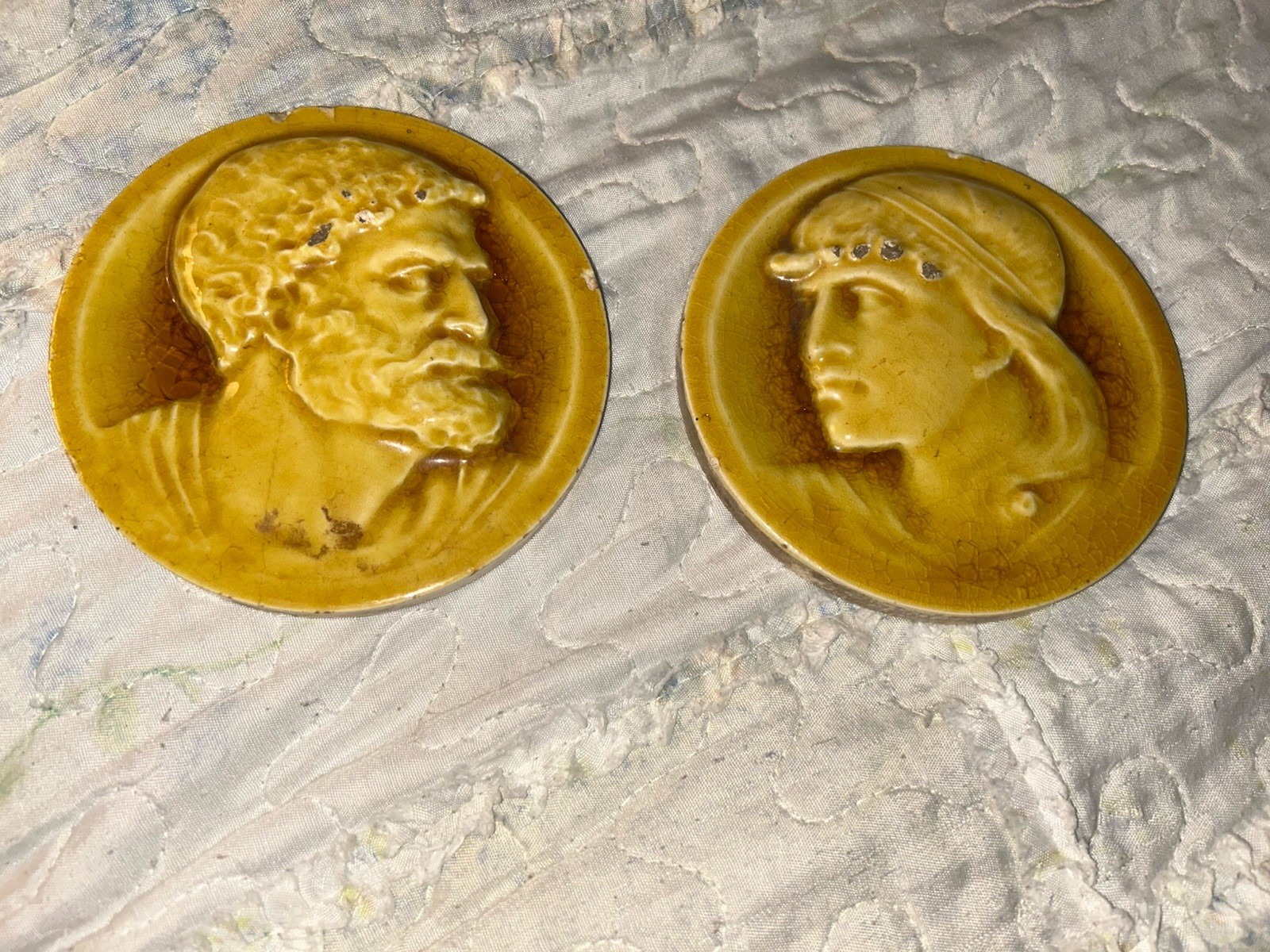 JG Low & JF Low Art Tile Works Art Pottery Man & Wife Portrait Tiles Dated 1885.