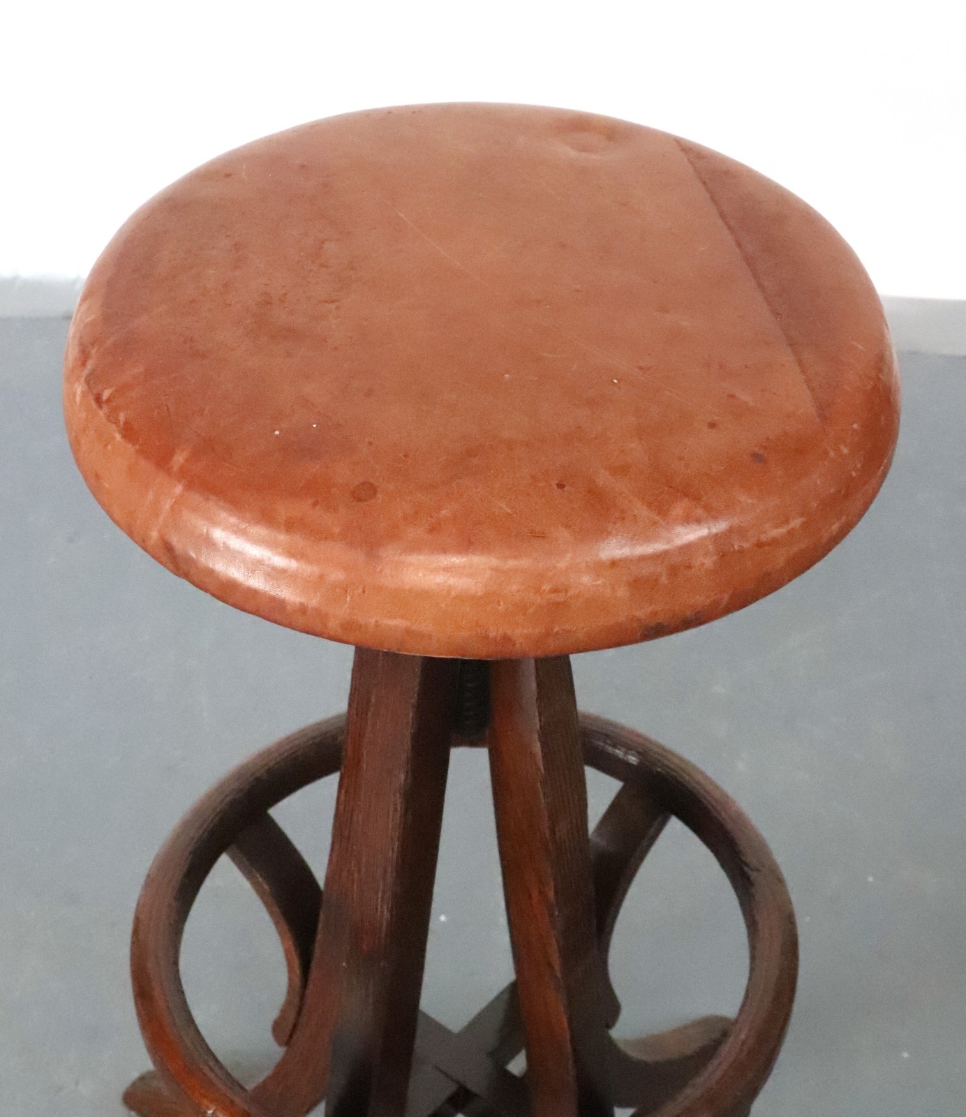 Antique Industrial Adjustable Oak Drafting Stool