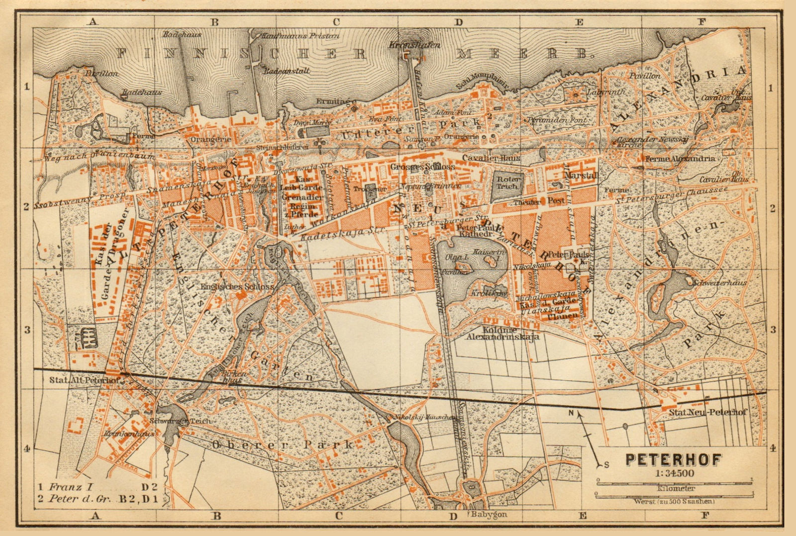 Peterhof Palace, Petergof, St Petersburg. Russia. BAEDEKER 1912 old map