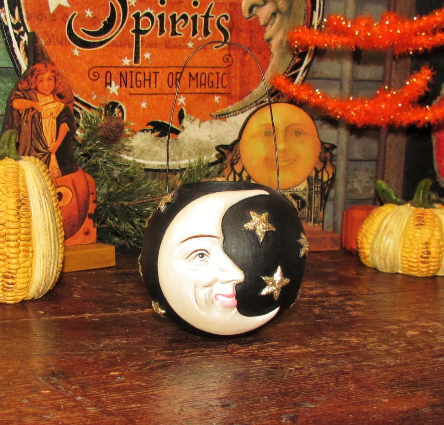 Bethany Lowe Vintage Style Halloween Man In The Moon & Stars Bucket Container