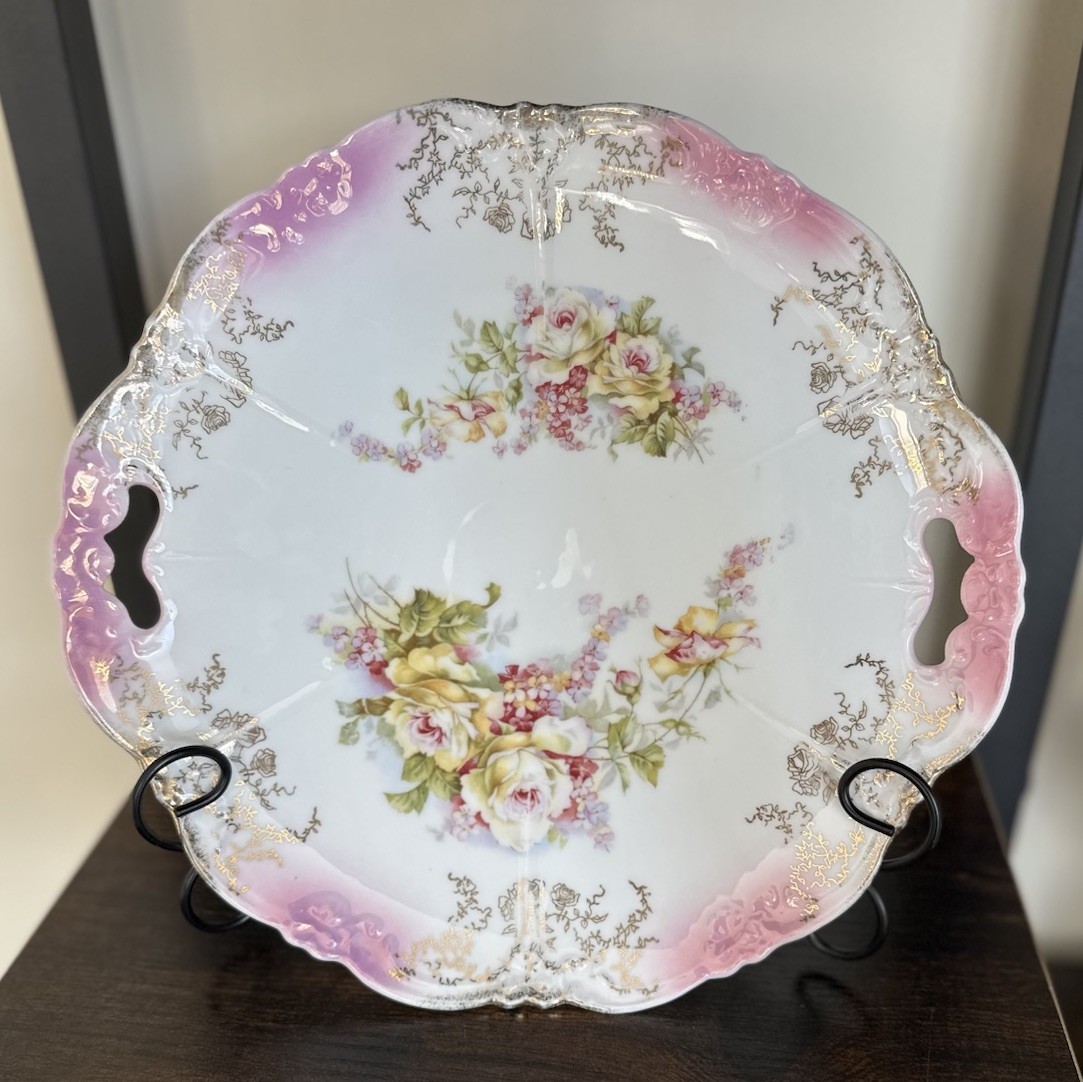 Antique Unmarked Porcelain Serving Dish 10” c.1890–1910 Hand Painted Handles