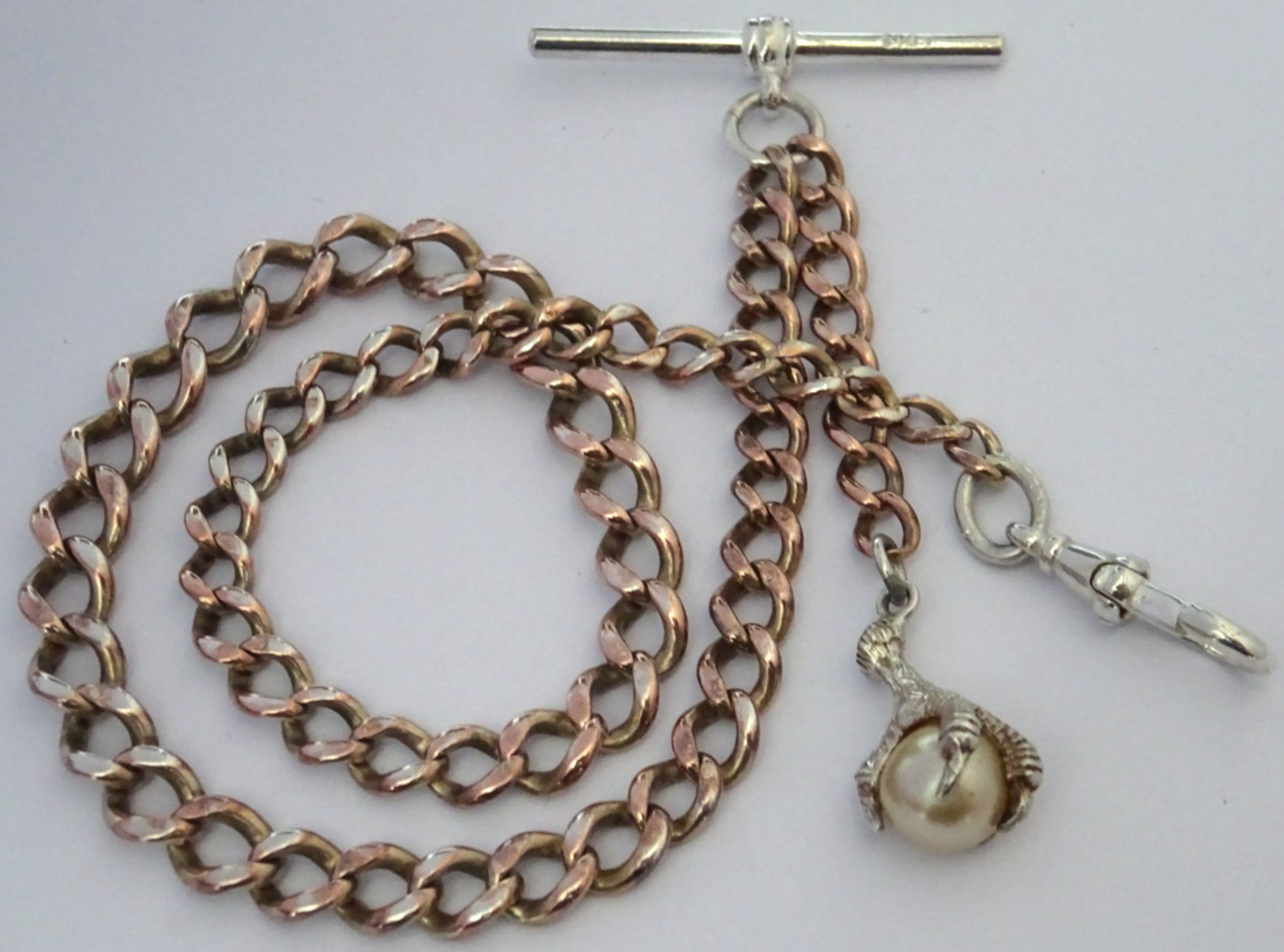 Antique gold on solid silver pocket watch albert chain w ‘pearl’ claw & ball fob