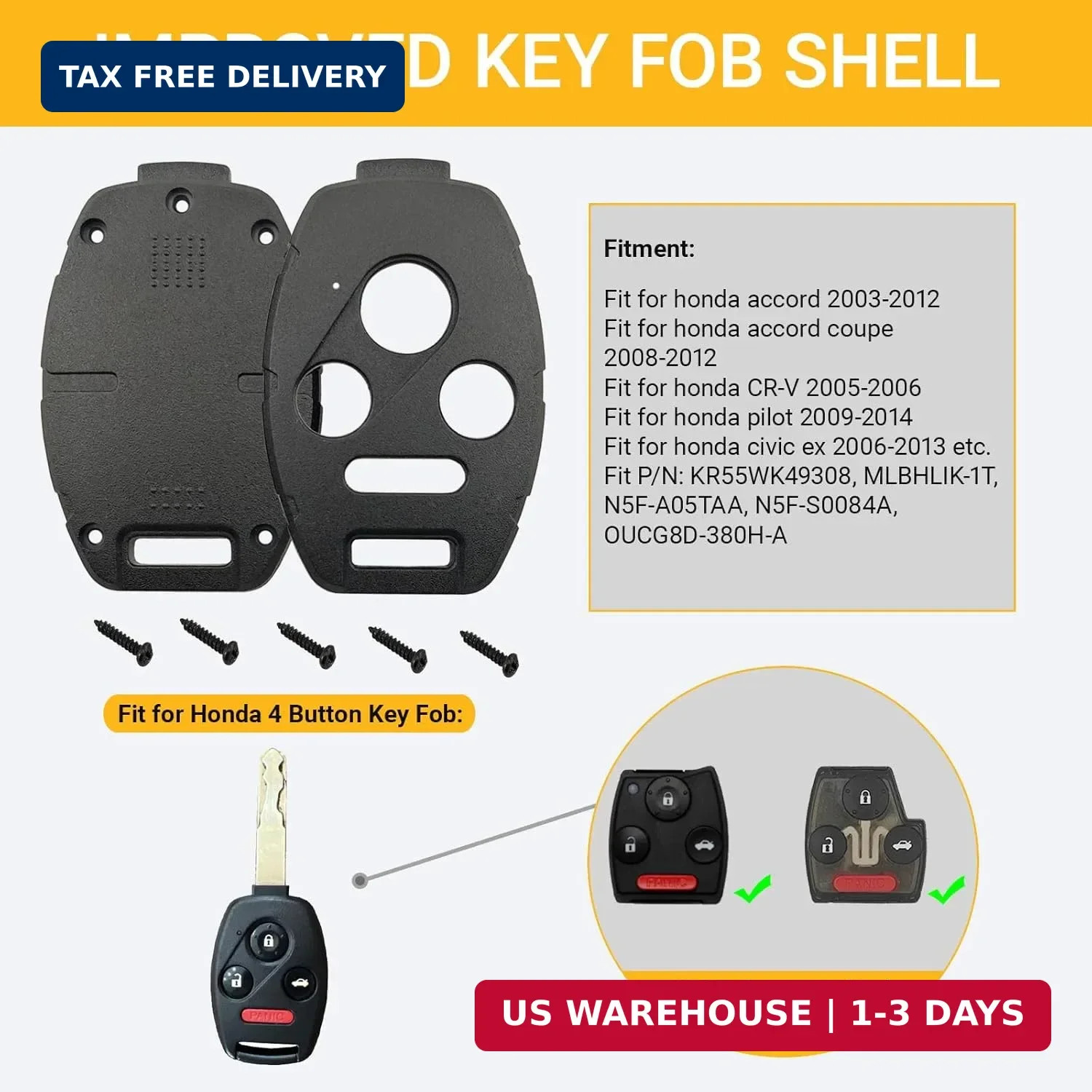 2 Pack No Cutting Need – Upgraded Version Key Fob Case Shell for Honda 2003-2012