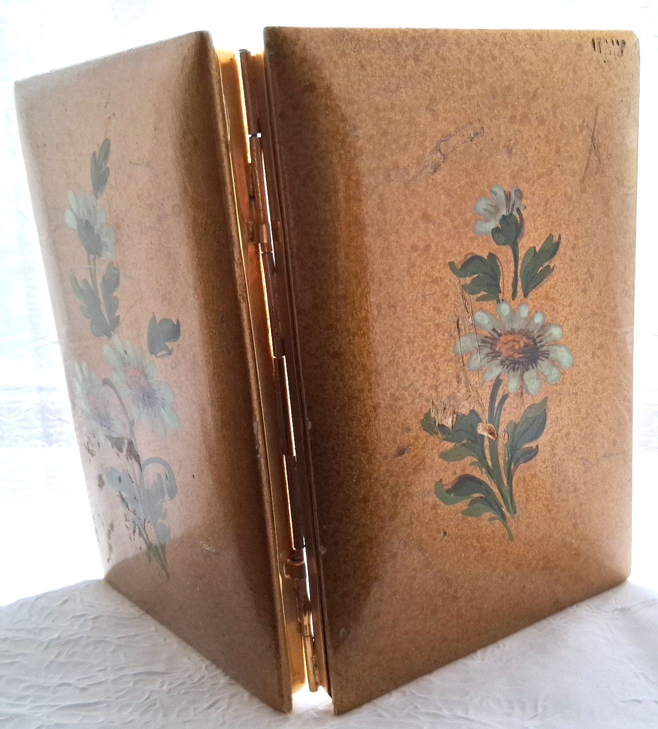 Vtg Italian Tole Lacquered Wood Folding Double Mirror Hand Painted Daisies, 4×6