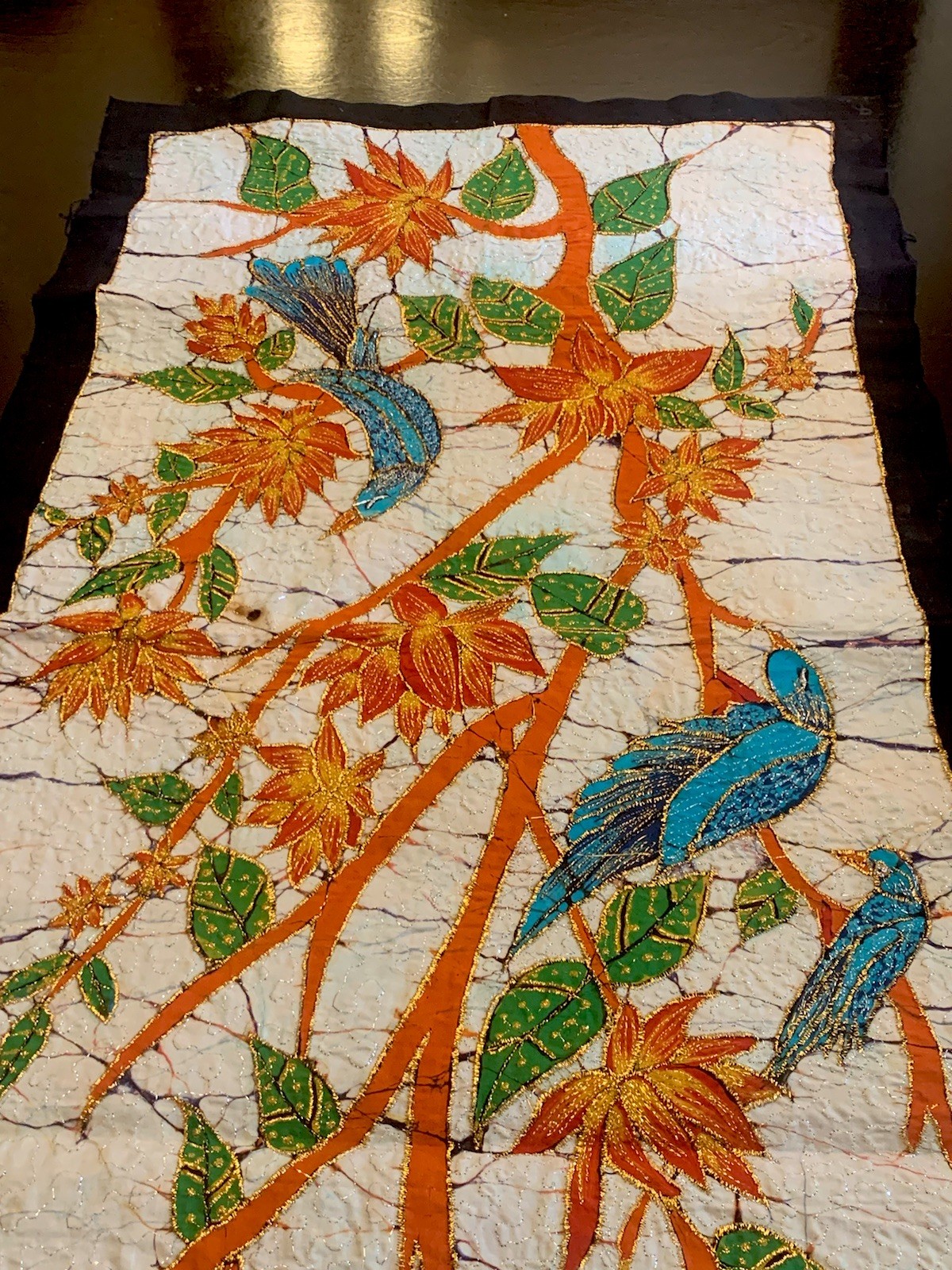 Vintage Serene Blue Birds Tapestry Handmade Metallic Thread Embroidered 19”x34”