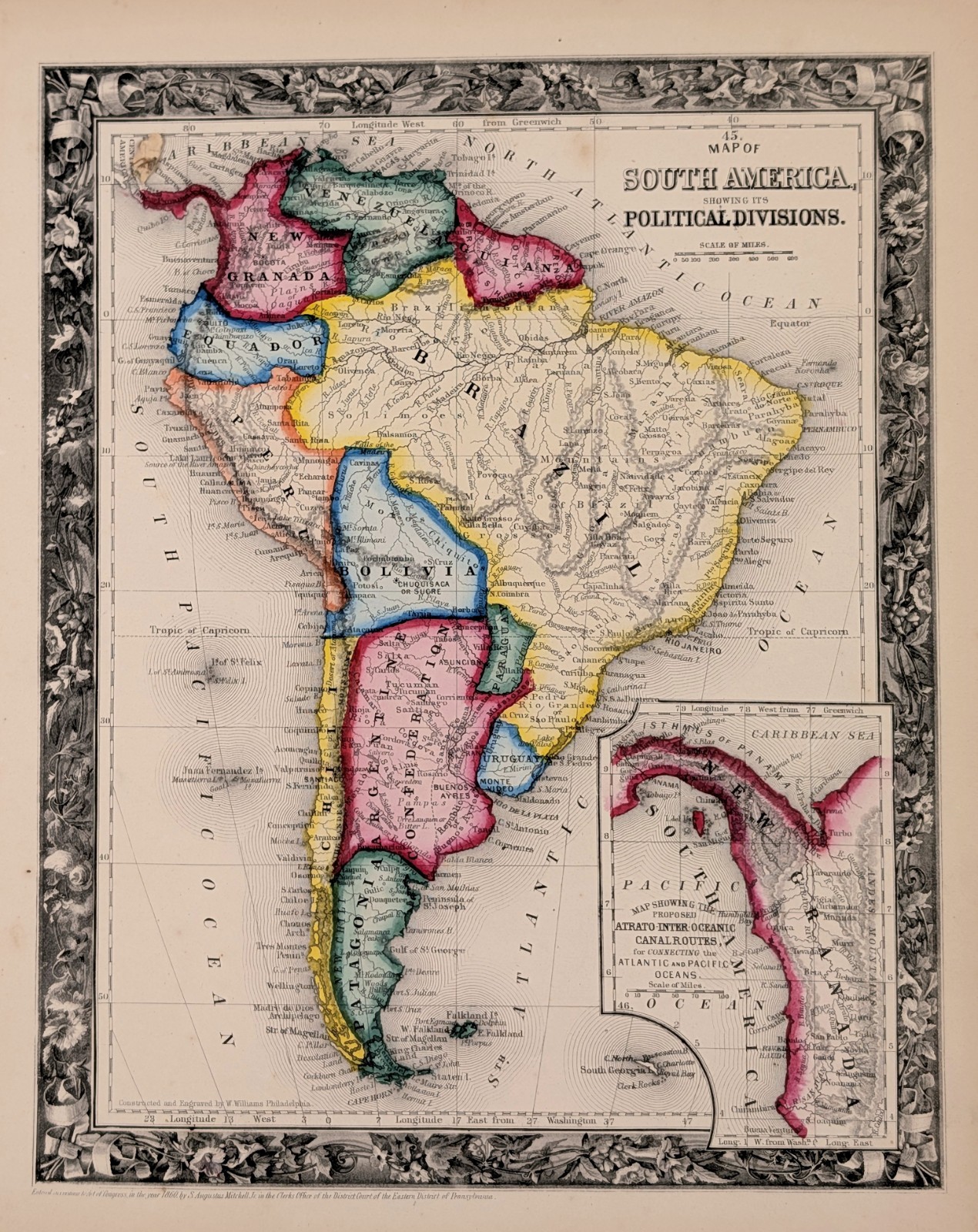 1860 SOUTH AMERICA Map ORIGINAL ANTIQUE (13×10) Brazil Argentina HAND-COLOR