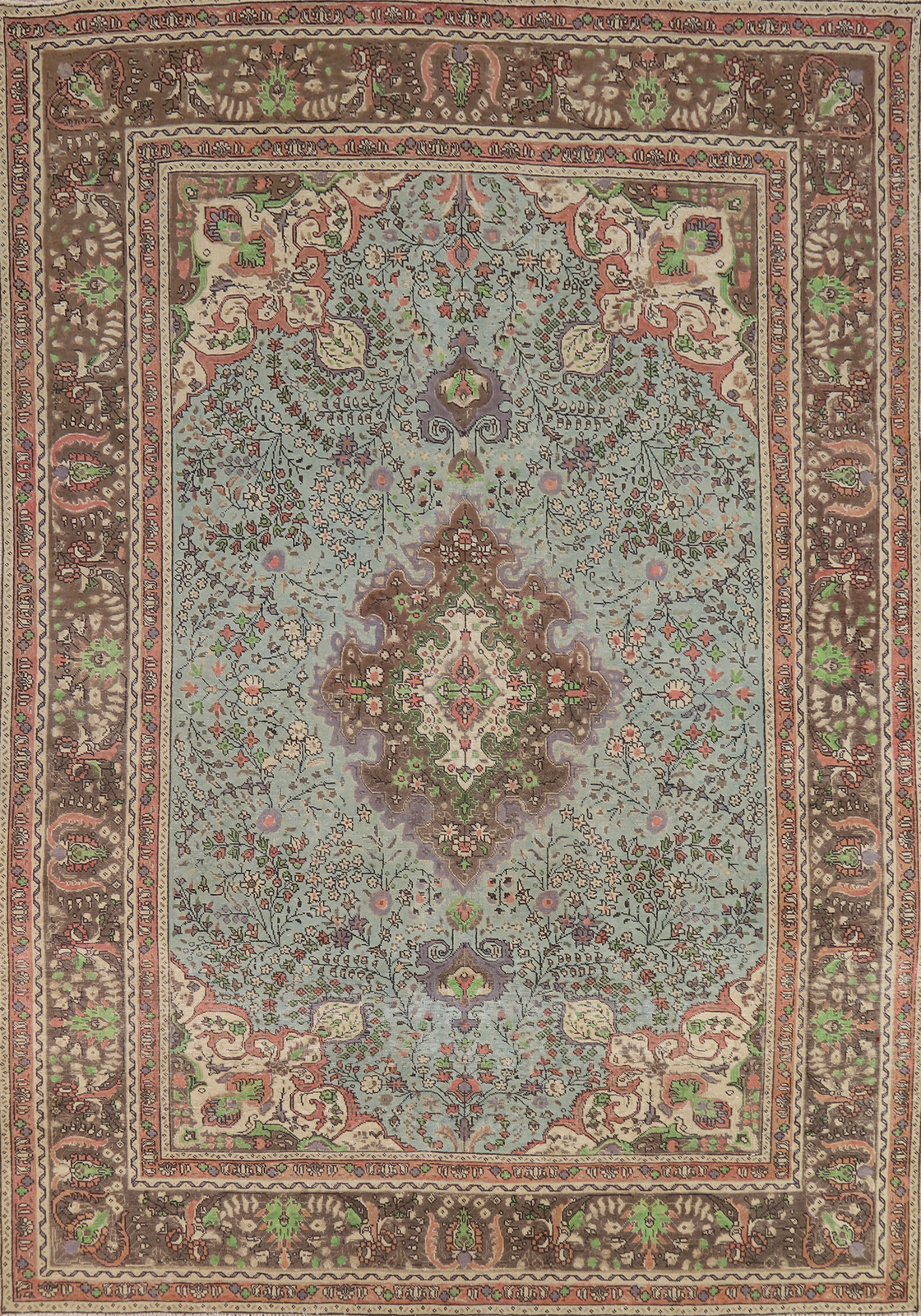 Vintage Handmade Blue Floral Tebriz Area Rug 7×10 Traditional Living Room Carpet