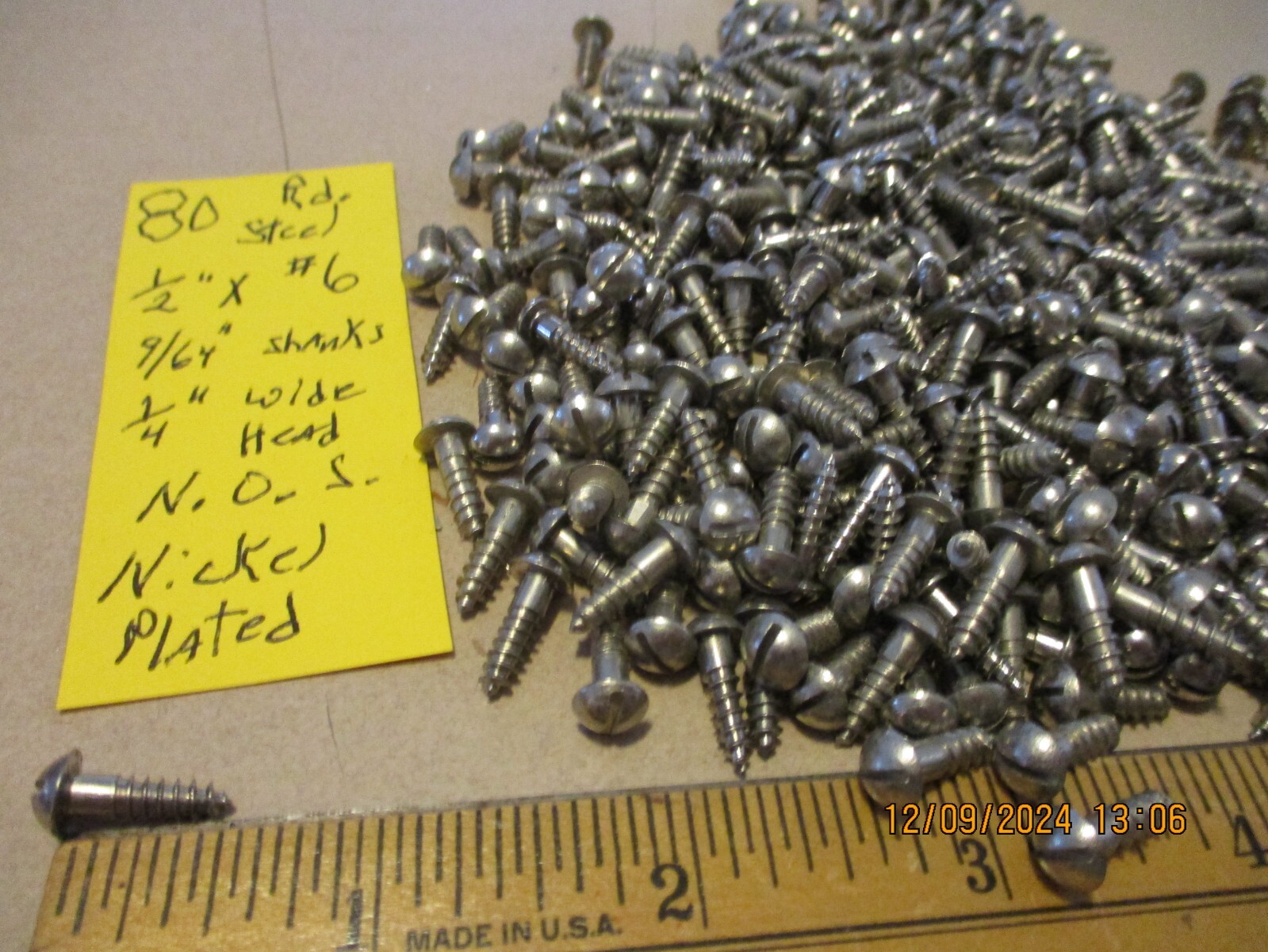 80-N.O.S, SLOTTED ROUND HEAD STEEL WOOD SCREWS 1/2″ LONG X #6=9/64″ THICK SHANK