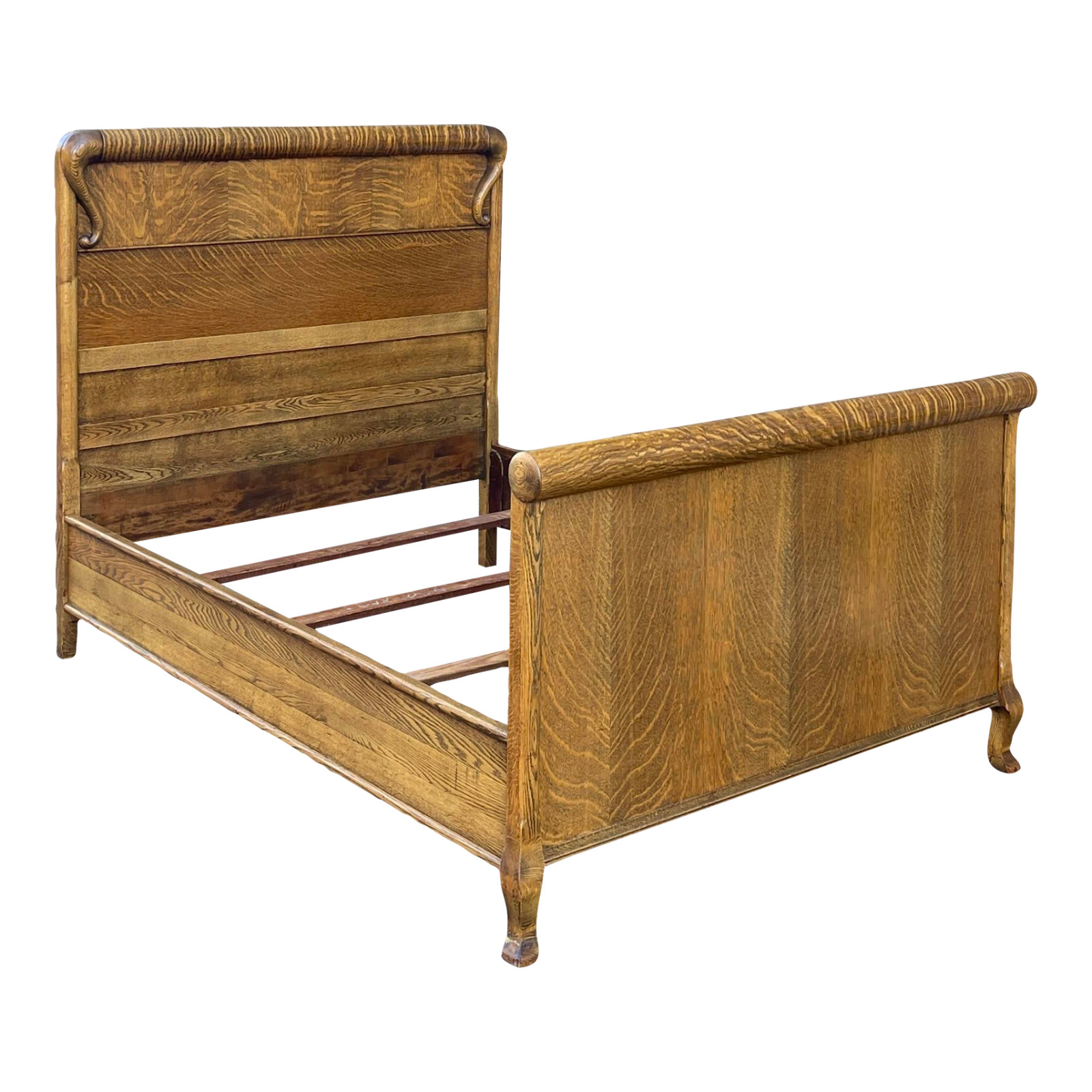 Late 19th Century Victorian Tiger Oak Full Sleigh Bed or Panel Bed