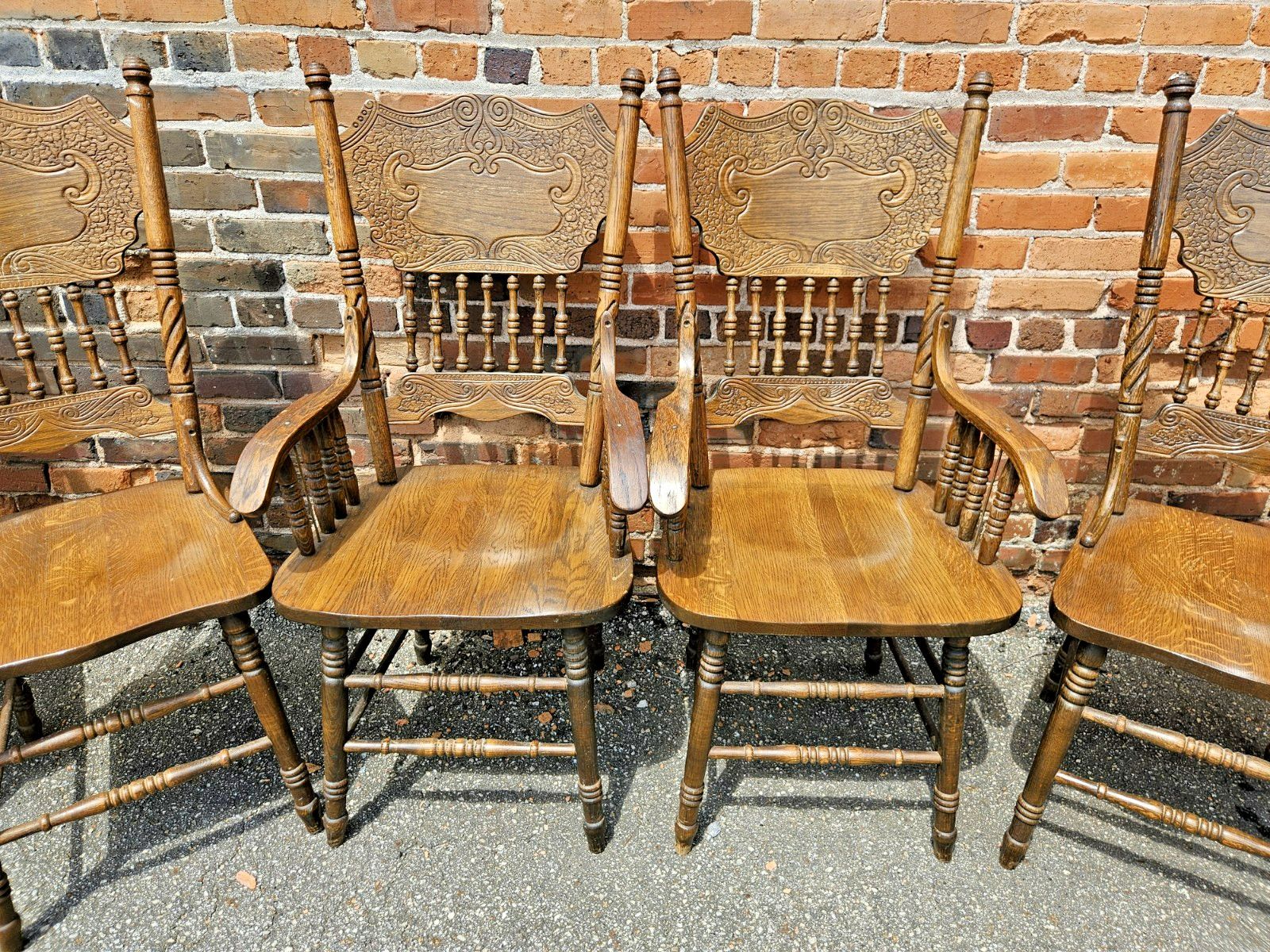 Vintage Solid Oak Pressed Back Dining Chairs – Rare set of 8