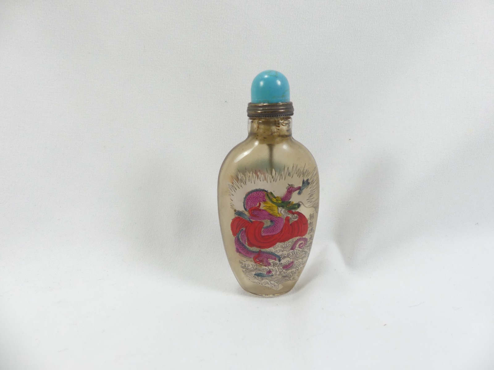 Antique Reverse Painting on Glass Chinese Snuff Bottle with Dragon, Signed