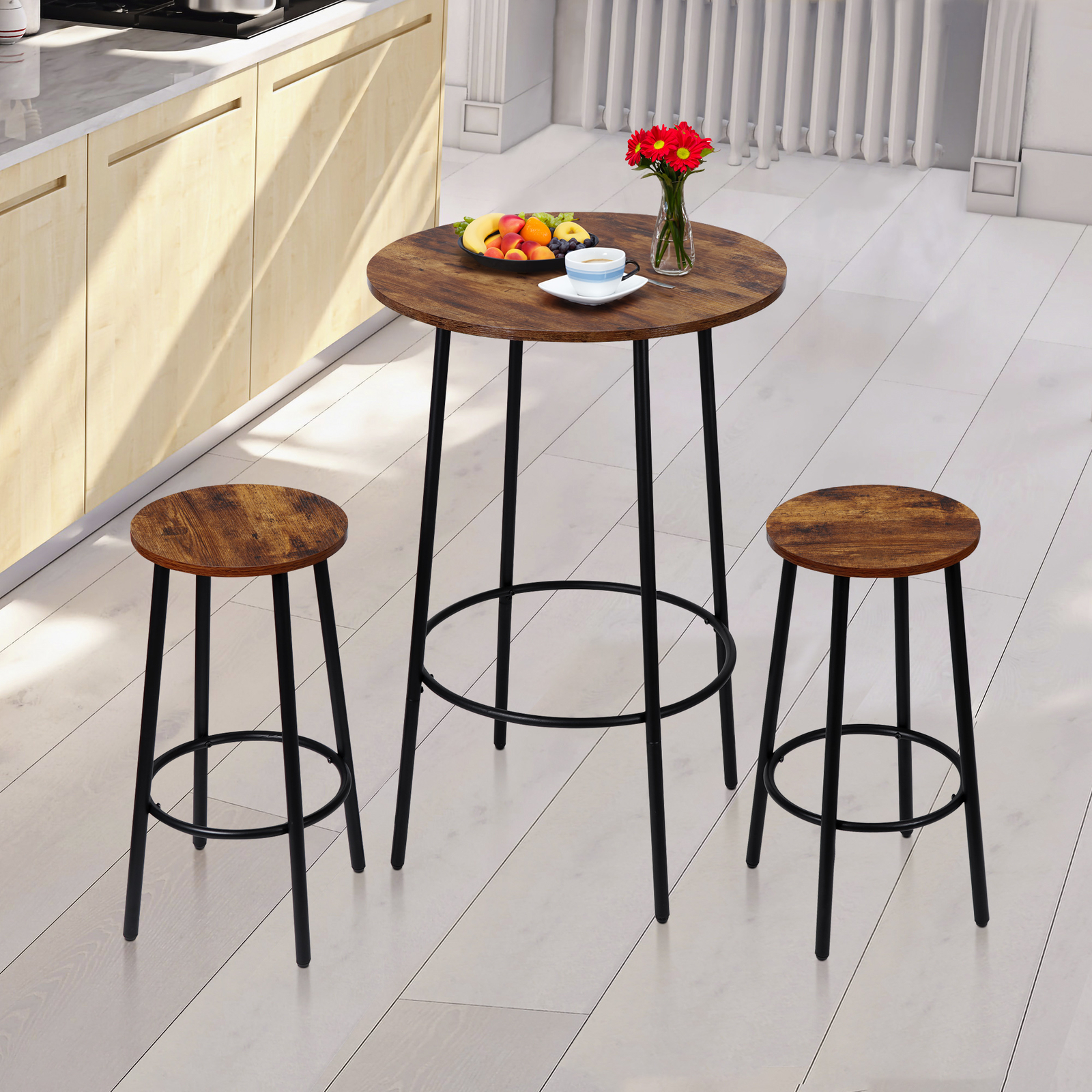 3 Piece Pub Dining Table Set Wooden Round Breakfast Tables w/2 Bar Chairs Stools