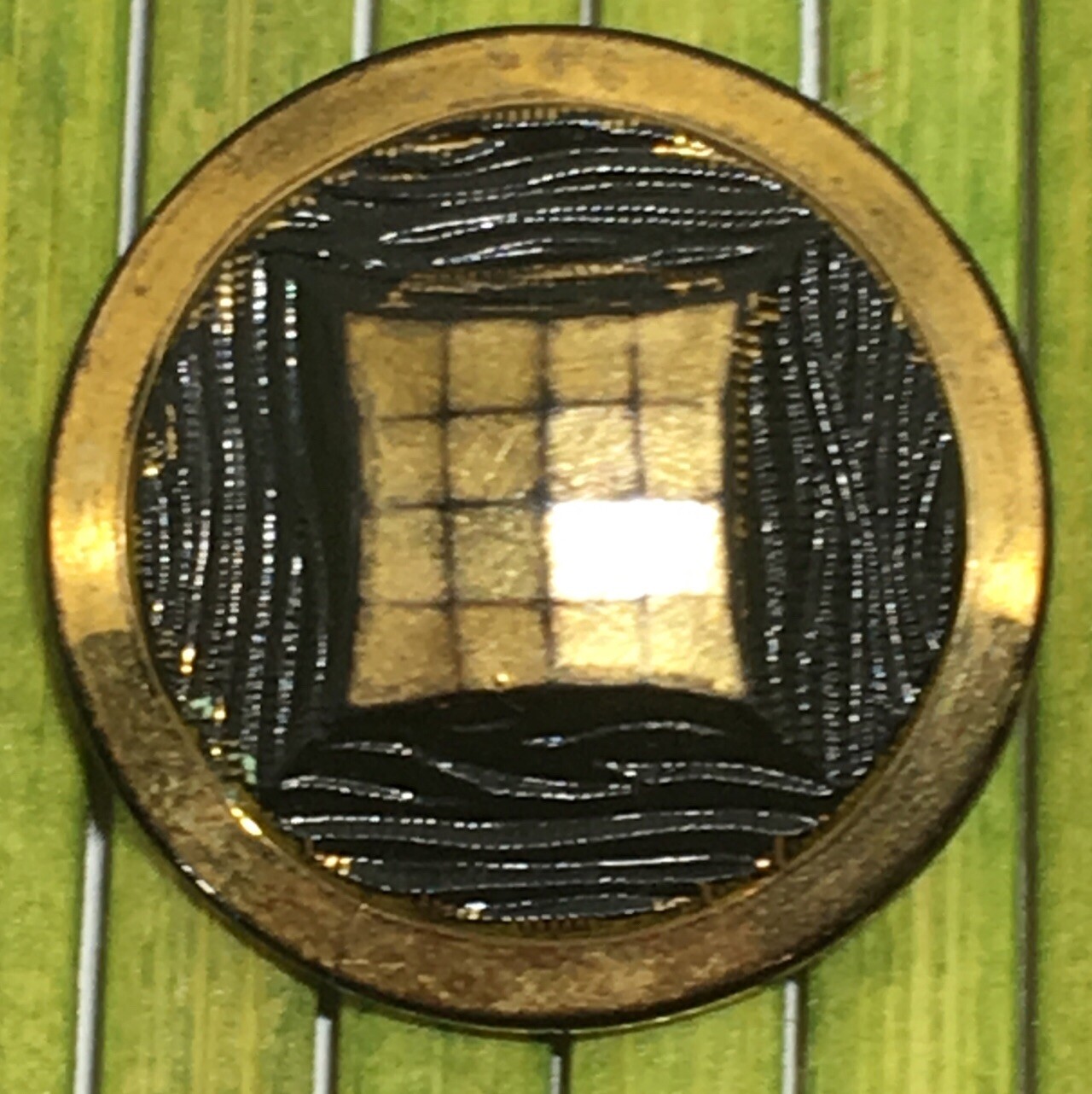 Antique Jet Black Glass Button Gold Foil Geometric Metal Birdcage Shank 7/8″