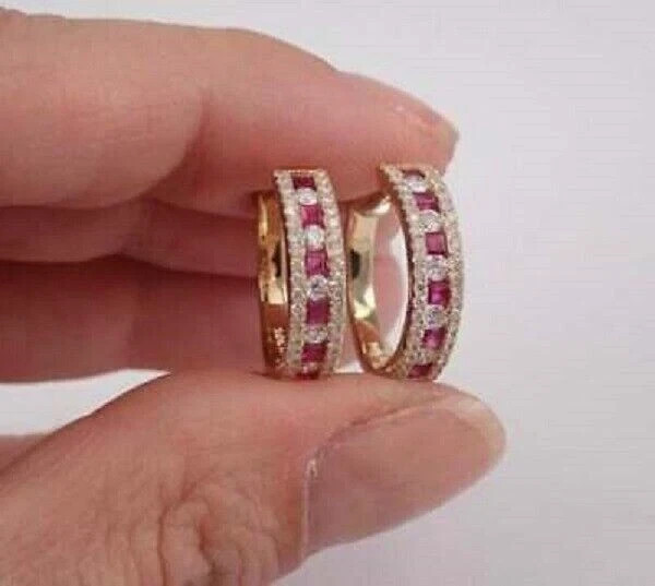 2.20Ct Lab-Created Red Ruby Huggie Hoop Women’s Earrings 14K Yellow Gold Plated