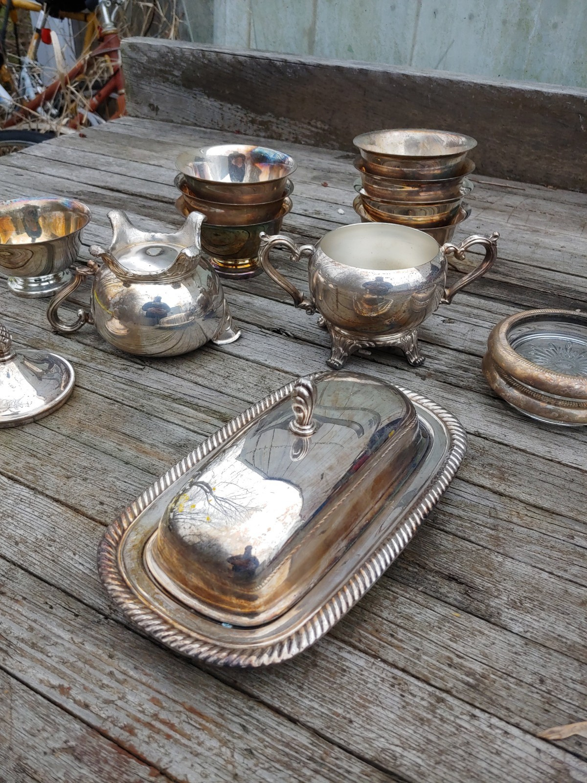 Antque Ornate Silver Plate Covered Butter Dish Bowls Trays 16 Piece Set