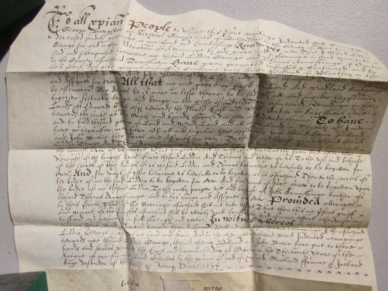 1637 VELLUM CONVEYANCE INDENTURE OF DOWER PROPERTY MANUSCRIPT KENT ENGLAND