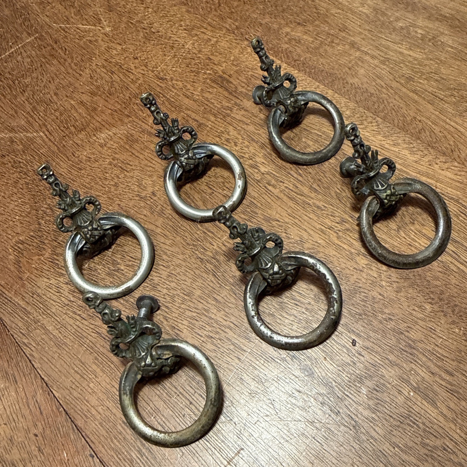 6 Brass Drawer Pulls Drop Ring Floral Rose Cottagecore Knobs Victorian Hardware