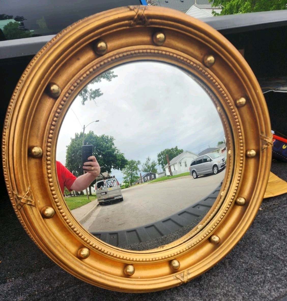 Vintage Large 24” Convex Mirror Wood Gold Butler Bullseye 13 Colonies