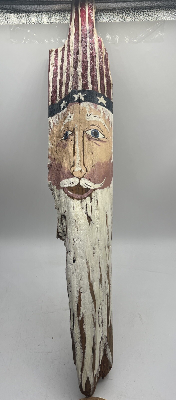 Vintage Primitive Folk Art Handpainted On Wood Tall Wooden Uncle Sam Figure 26”