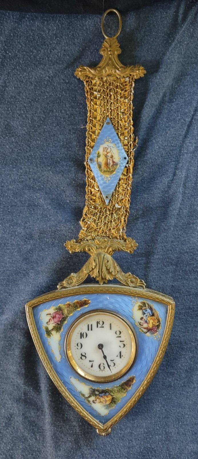 Supurb Rare Antique French Enamel Hanging Blue Guilloche Clock