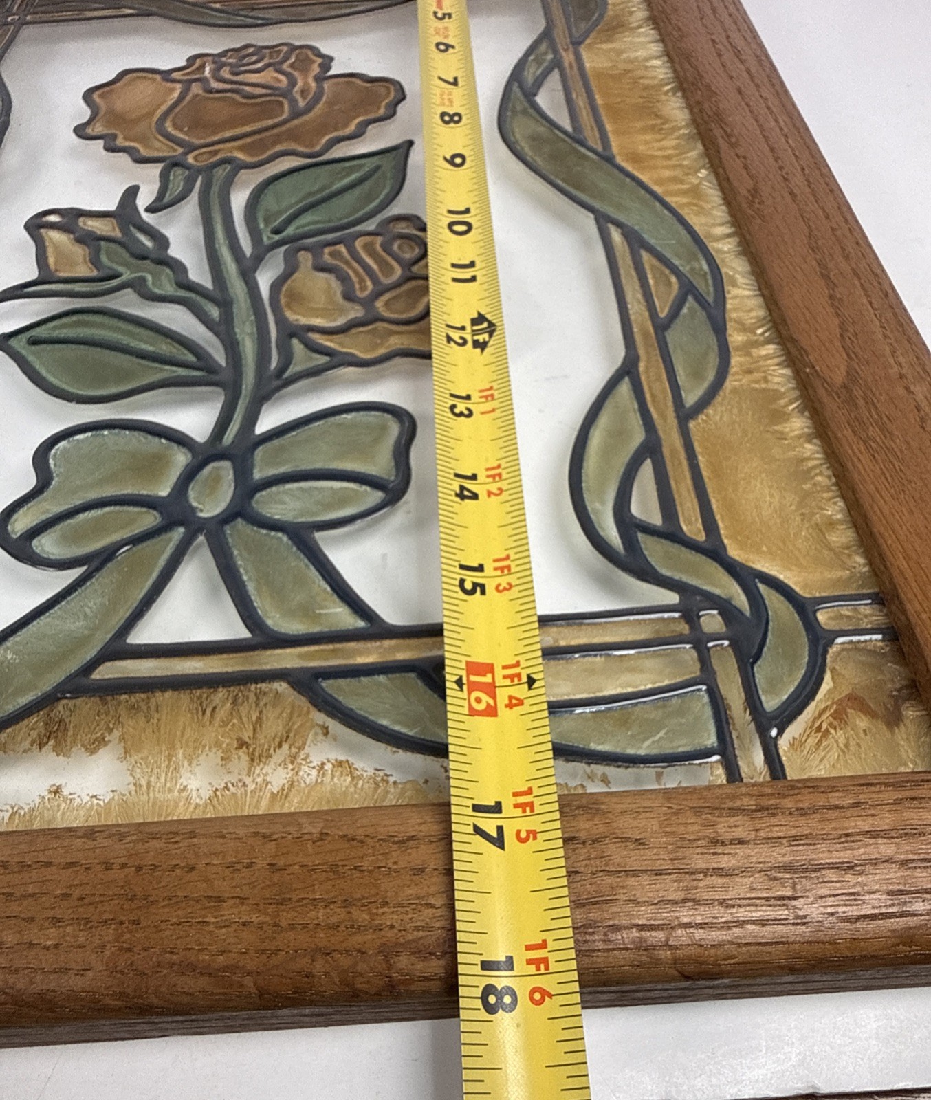 VTG Stained Glass Window Panel Hand painted Rose Flower Sun Catcher Wood 18×14