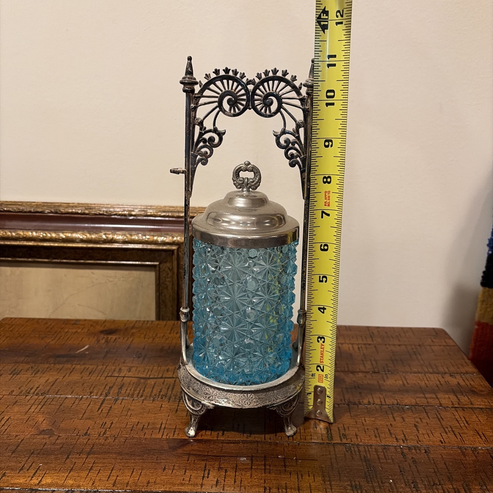 Antique Victorian Pickle Castor W/ Tongs Fork Textured Glass Blue READ DESC