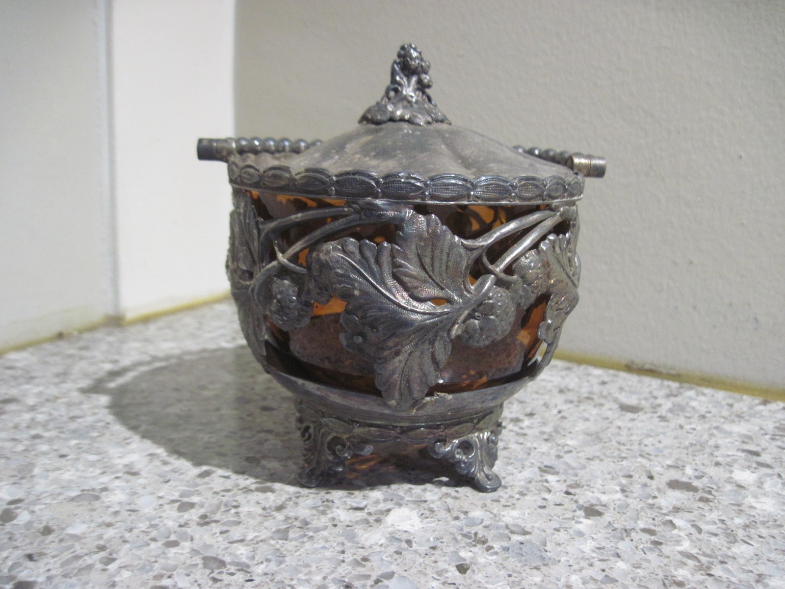 Antique Art Deco Ornate Silverplate Covered Berry Jar with Amber Glass Insert